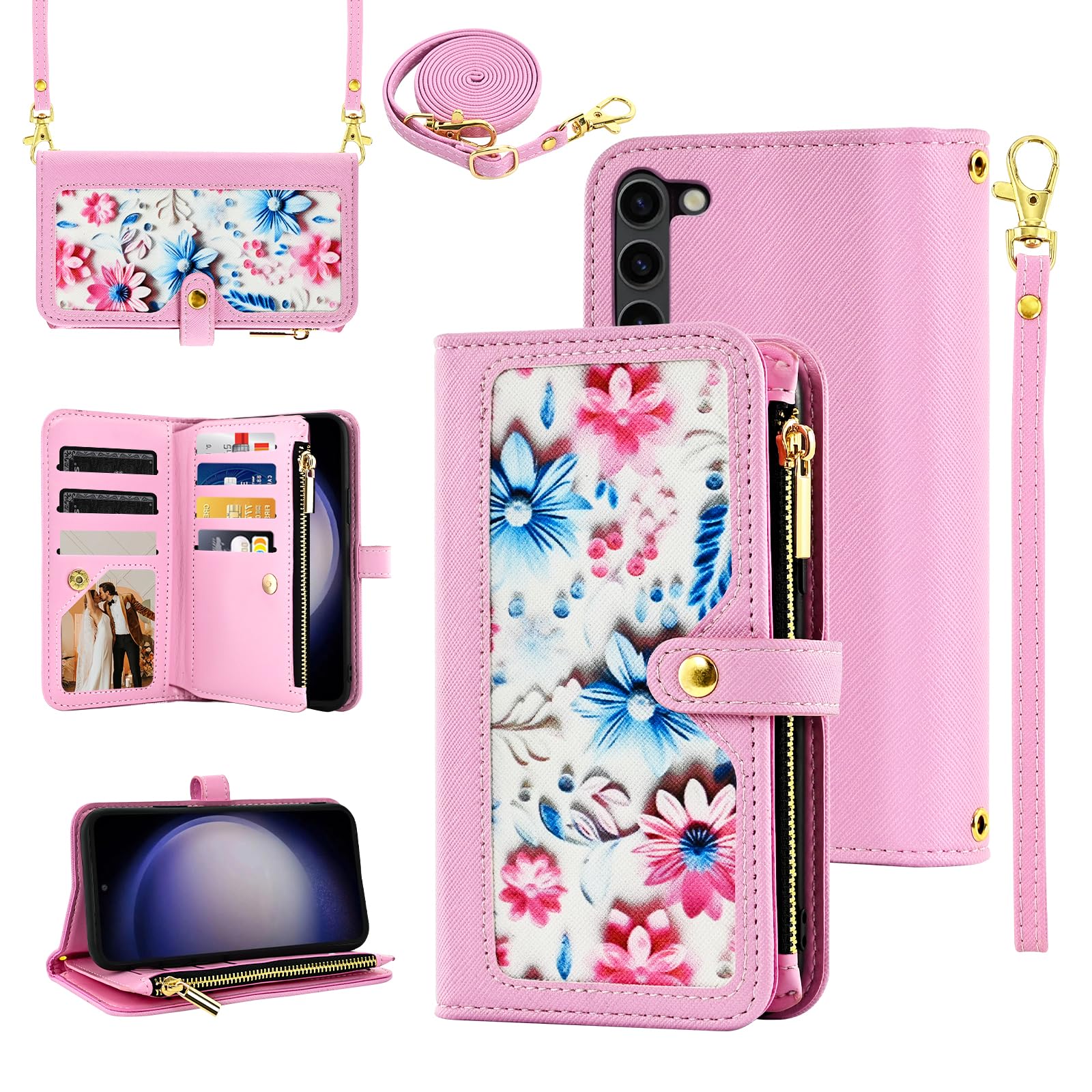 Furiet Floral Wallet Case for Samsung Galaxy S23 Plus S23+ 5G with Wrist Strap Shoulder Strap Flip Zipper Purse, Luxury PU Leather Stand Phone Cover
