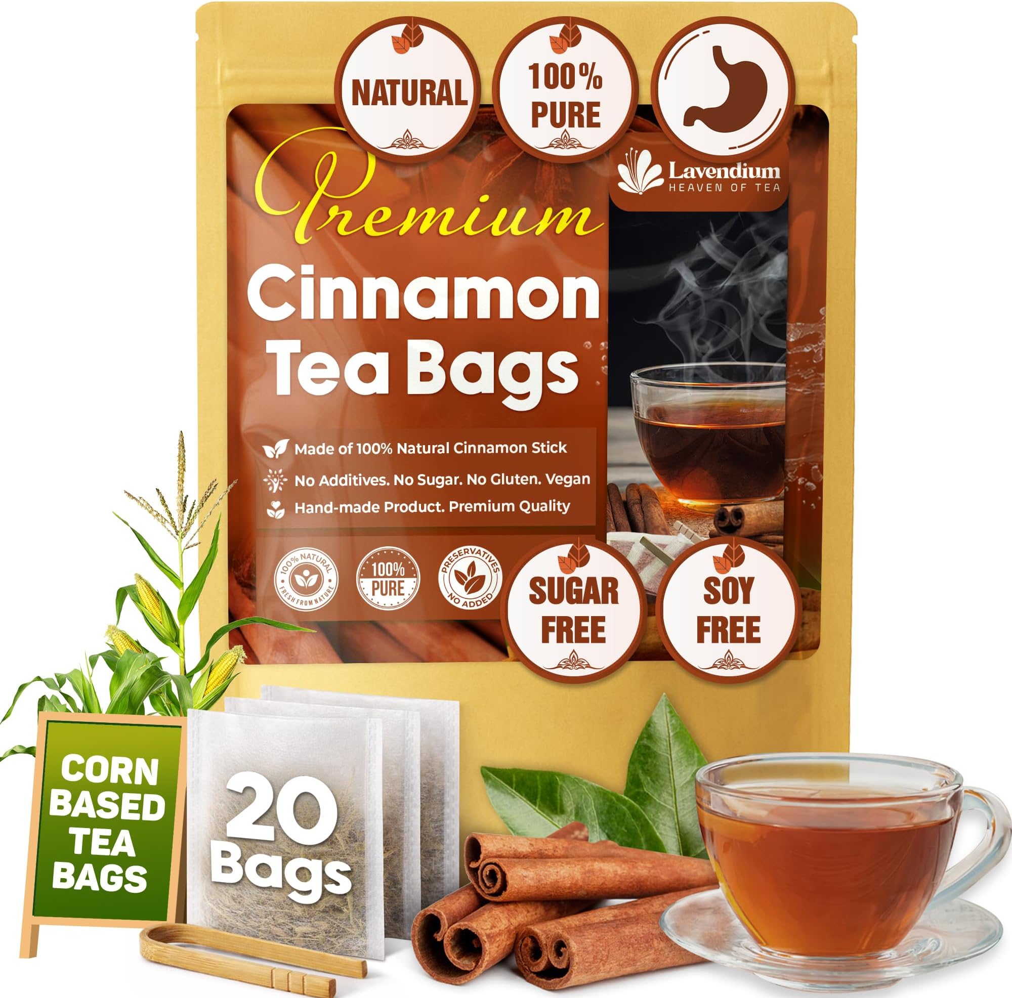 Lavendium, 20 Pure Cinnamon Tea Bags, Made of 100% Natural Cinnamon Sticks, Herbal Tea, No Additives, No Caffeine, No Gluten, Vegan.