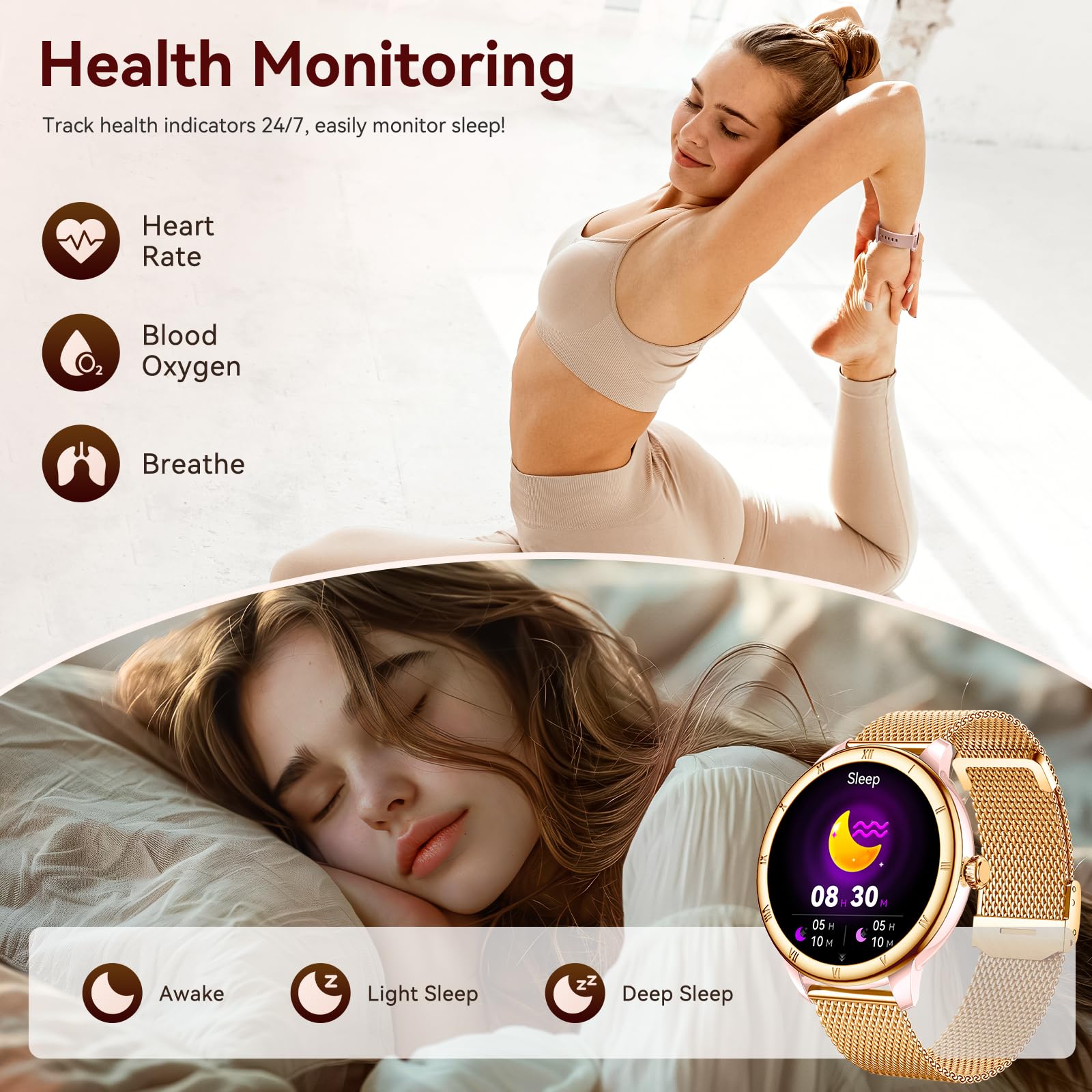 Smart Watch da donna, schermo HD, fitness tracker, impermeabile fino a 5 atm, con Bluetooth, per effettuare e rispondere alle chiamate, tracker di attività con cardiofrequenzimetro/sonno/femmina
