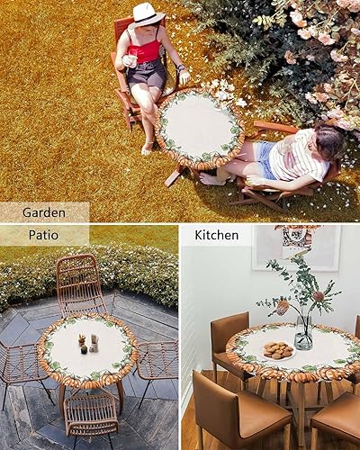 Miniatura 6 de Mantel redondo ajustado de calabaza de acuarela de otoño, mantel de lino vintage con borde elástico, impermeable, mantel circular de hojas verdes de