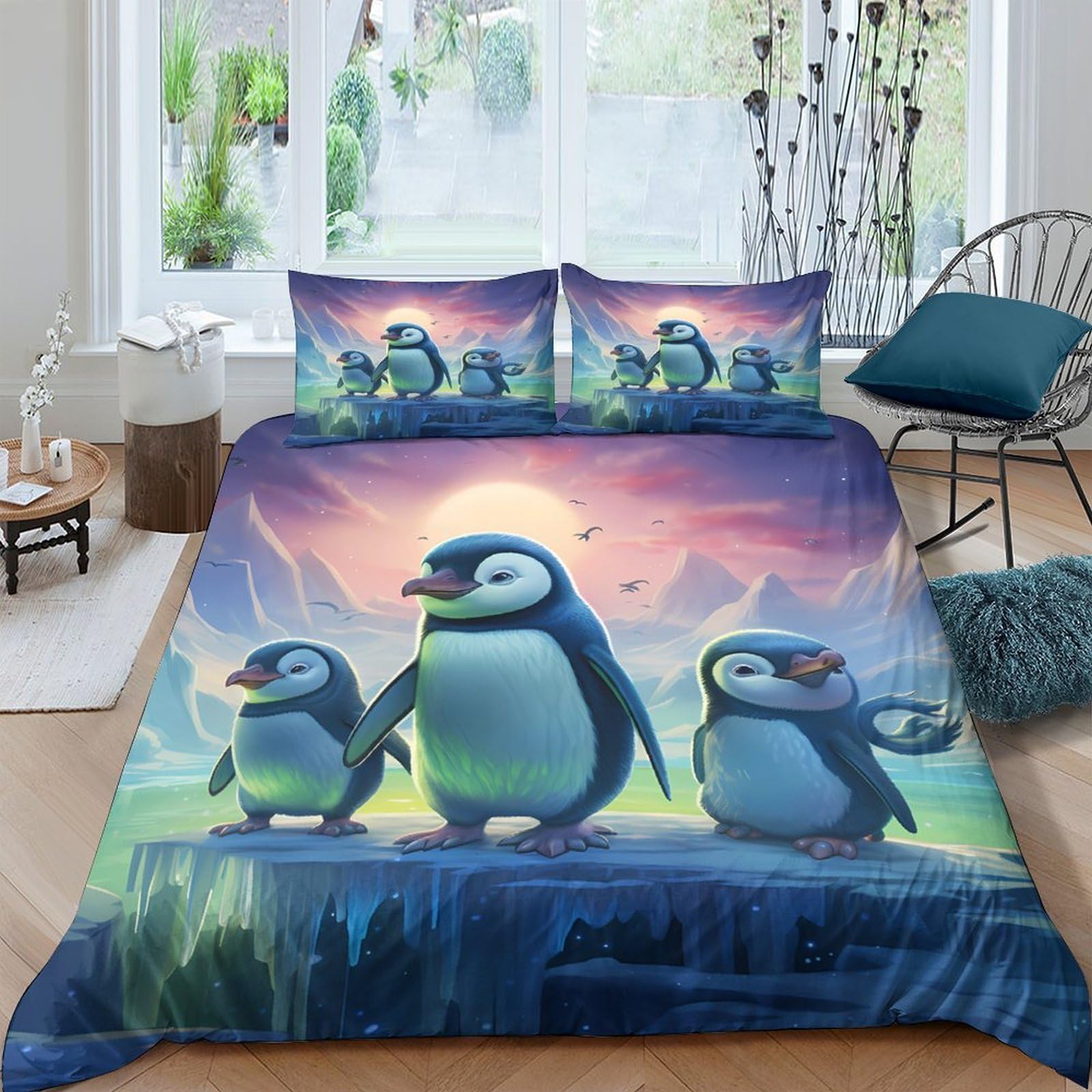 Ctjqhvkz Style-10 3D Printed Cartoon Penguin Fitted Sheet Microfiber Soft Breathable Arctic Landscape Mattress Cover Decor Bedroom Single（135X200cm）