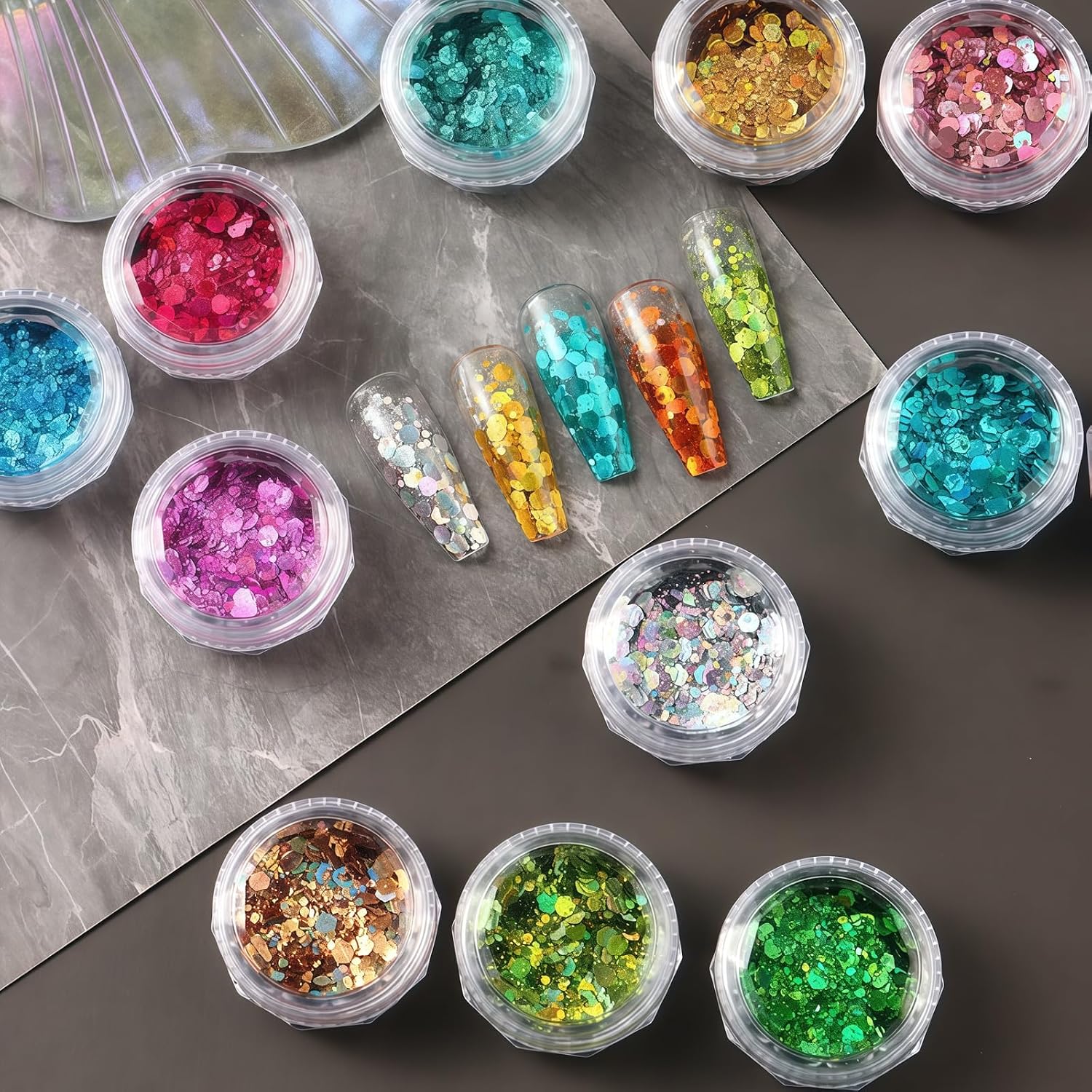 Reflective Glitter Powder Set, 12 Colors Sparkle Diamond Nail Glitter Dust, Silver Pink Purple Green Loose Glitter for Nails, Shiny Sugar Nail Powder Dipping Pigment, Nail Supplies