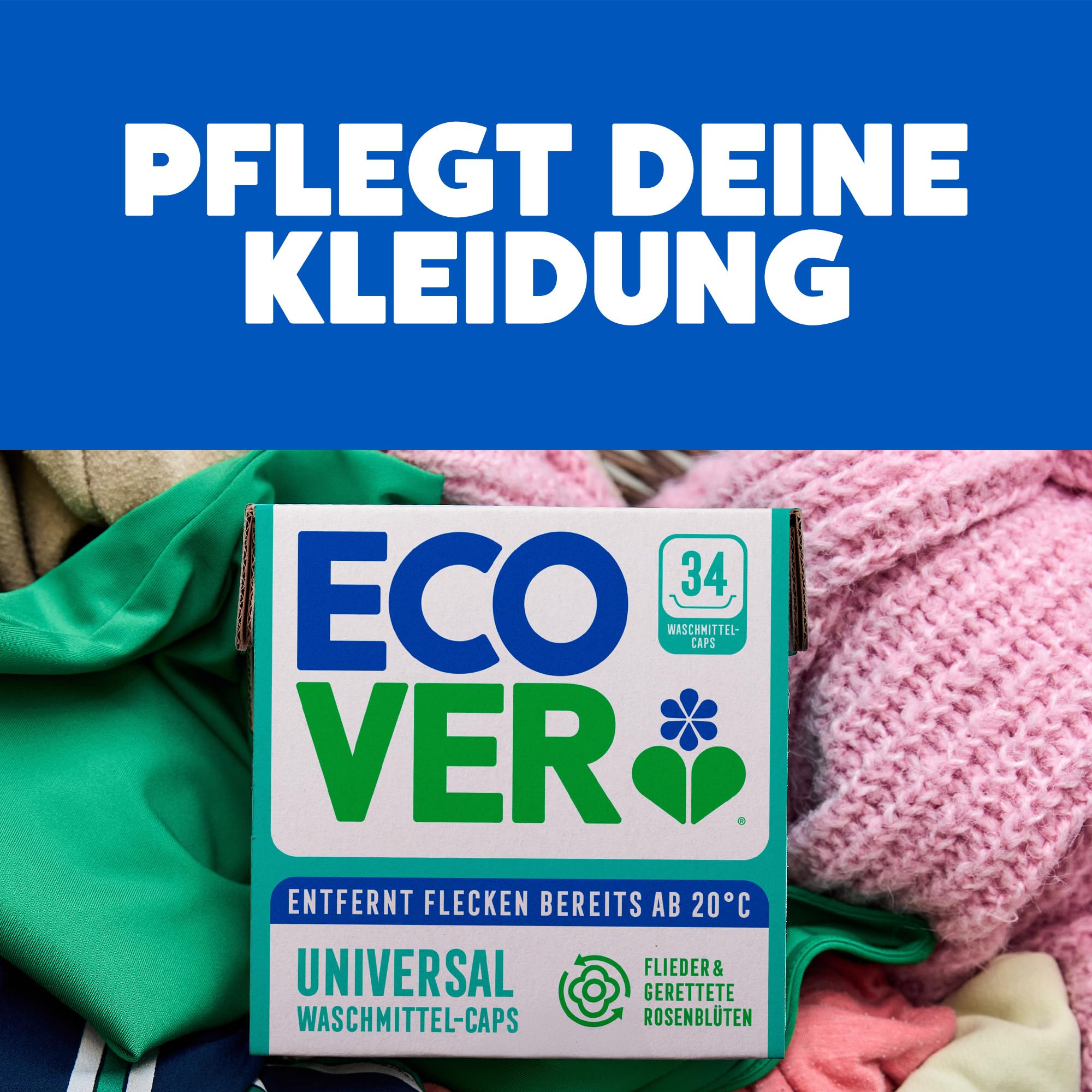 Ecover Bio kapsułki do prania – kapsułki do prania/tabletki – detergent do prania z czystym i świeżym zapachem bzu i uratowanej róży, 1 x opakowanie 34 kapsułek/tabletek