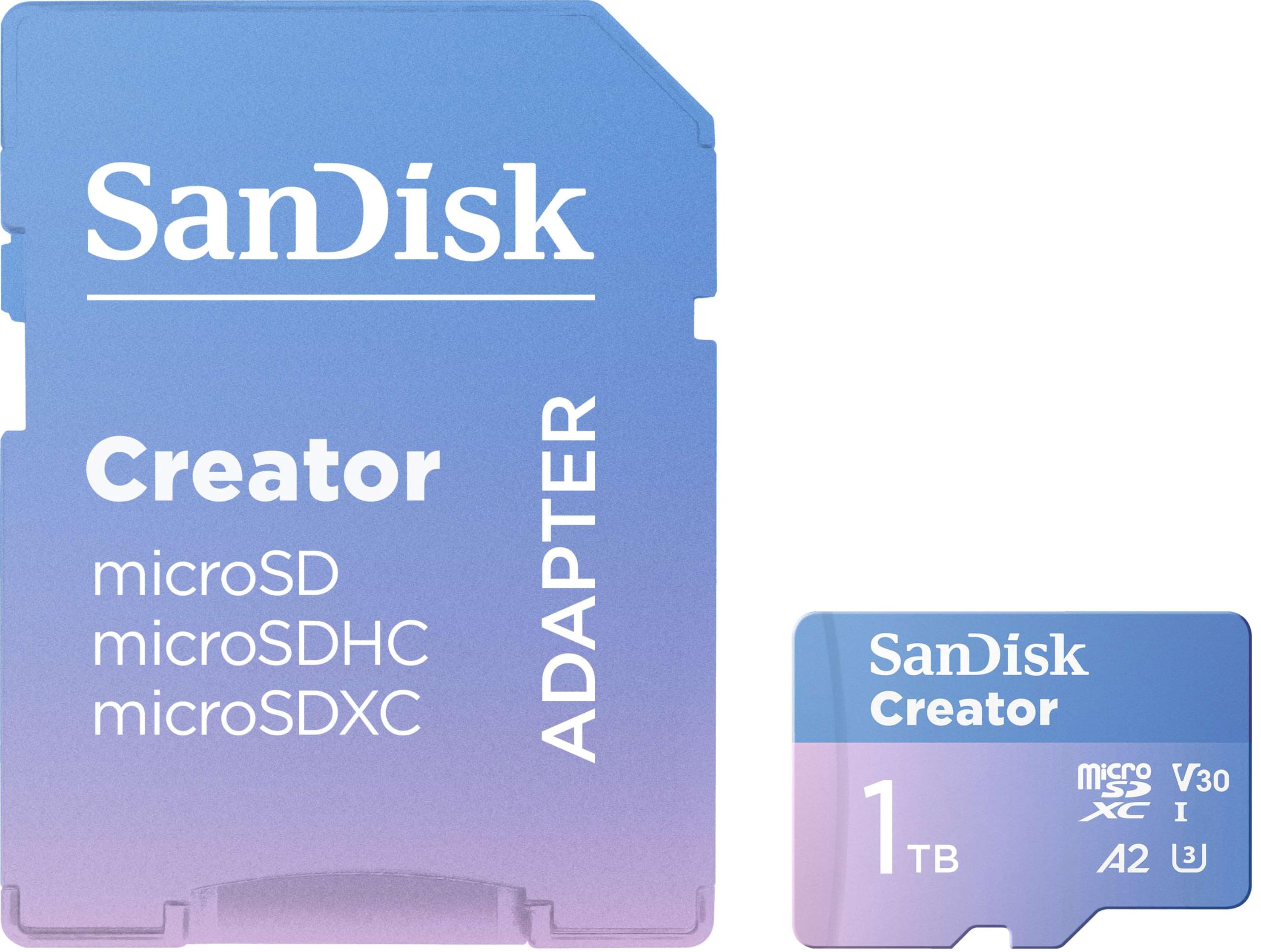 SanDisk Creator microSDXC UHS-I Speicherkarte 1 TB + Adapter (Für Smartphones, Kameras und Drohnen, 5.3K & 4K, A2, C10, V30, U3, bis zu 190 MB/s Übertragung, inkl. 3 Monate Adobe Lightroom)