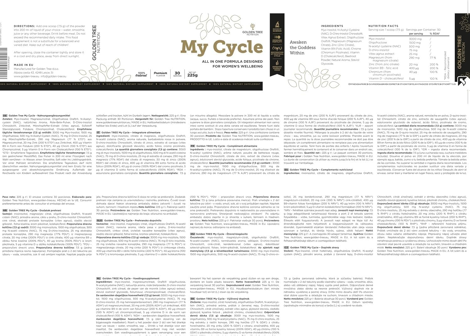 Golden Tree My Cycle en Polvo, 30 Porciones | Mio-Inositol 3000 mg, D-Quiró-Inositol, NAC, Vitex, Magnesio, Zinc, Folato, Cromo y Vitamina D