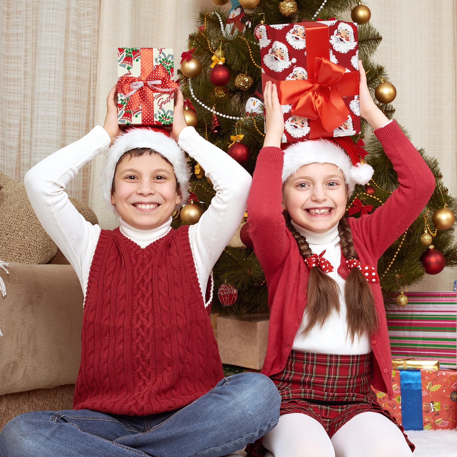 JarThenaAMCS Weihnachts-Geschenkpapier, 12 Bögen, keine Rolle, roter Weihnachtsmann, Schneemann, Geschenkpapier, flach gefaltet, saisonales Kunstpapier für Winter, Weihnachten, Geburtstag, Babyparty,
