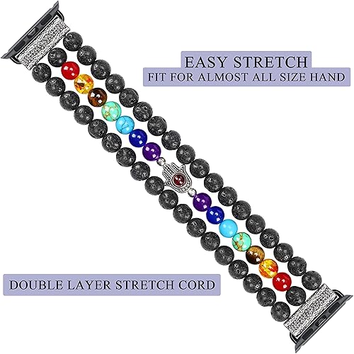 Miniatura 4 de Pulsera curativa de 7 chakras, protección de roca de lava, banda Hamsa con cuentas de mano compatible con Apple Watch SE 6 5 4 3 2 1 iWatch 1.496 in