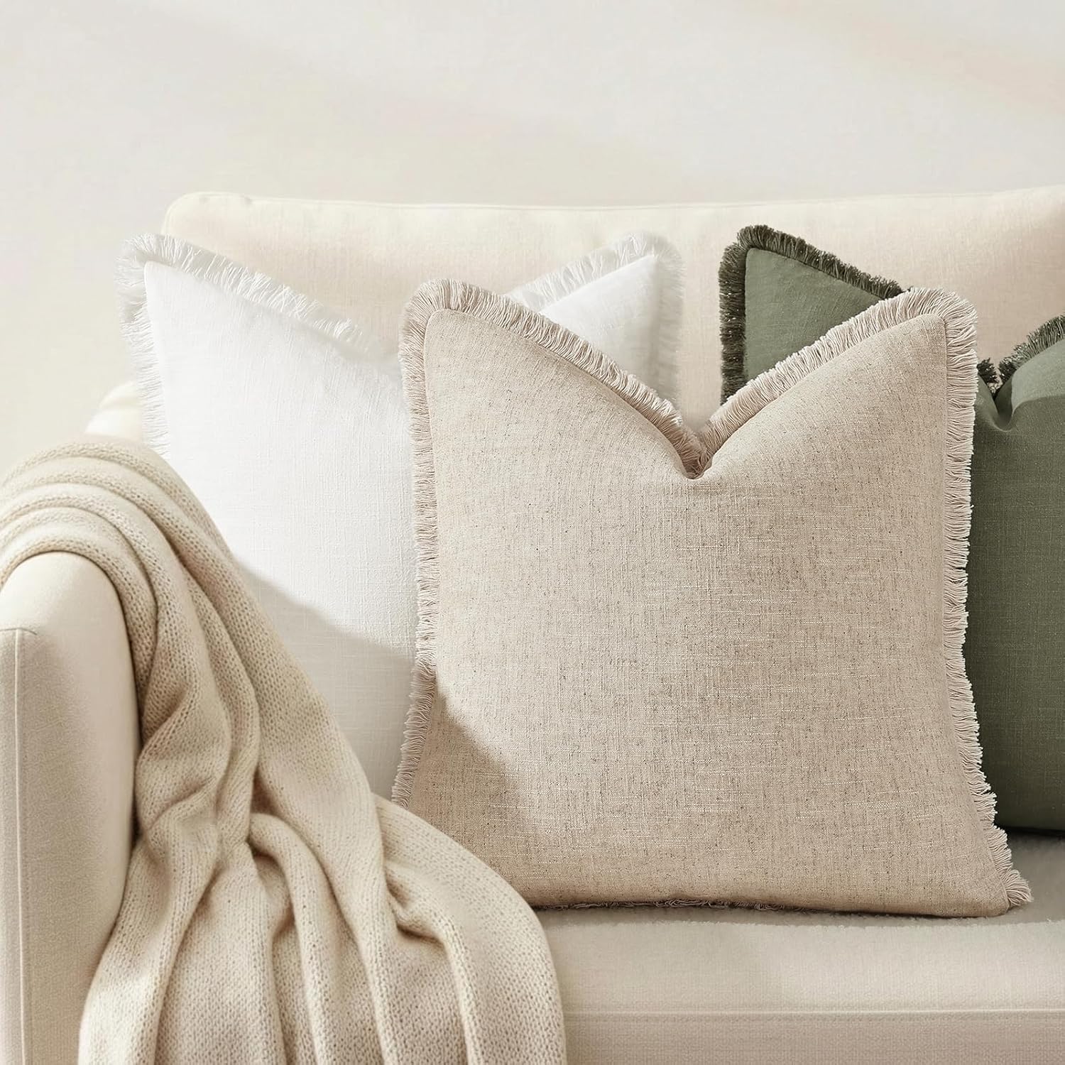 decorUhome Summer Decorative Neutral Linen Fringe Throw Pillow Covers Set of 2 Natural Beige Pillow Covers with Tassels Soft Farmhouse Boho Accent Pillow Cases for Couch Bed Sofa 20x20 Inch