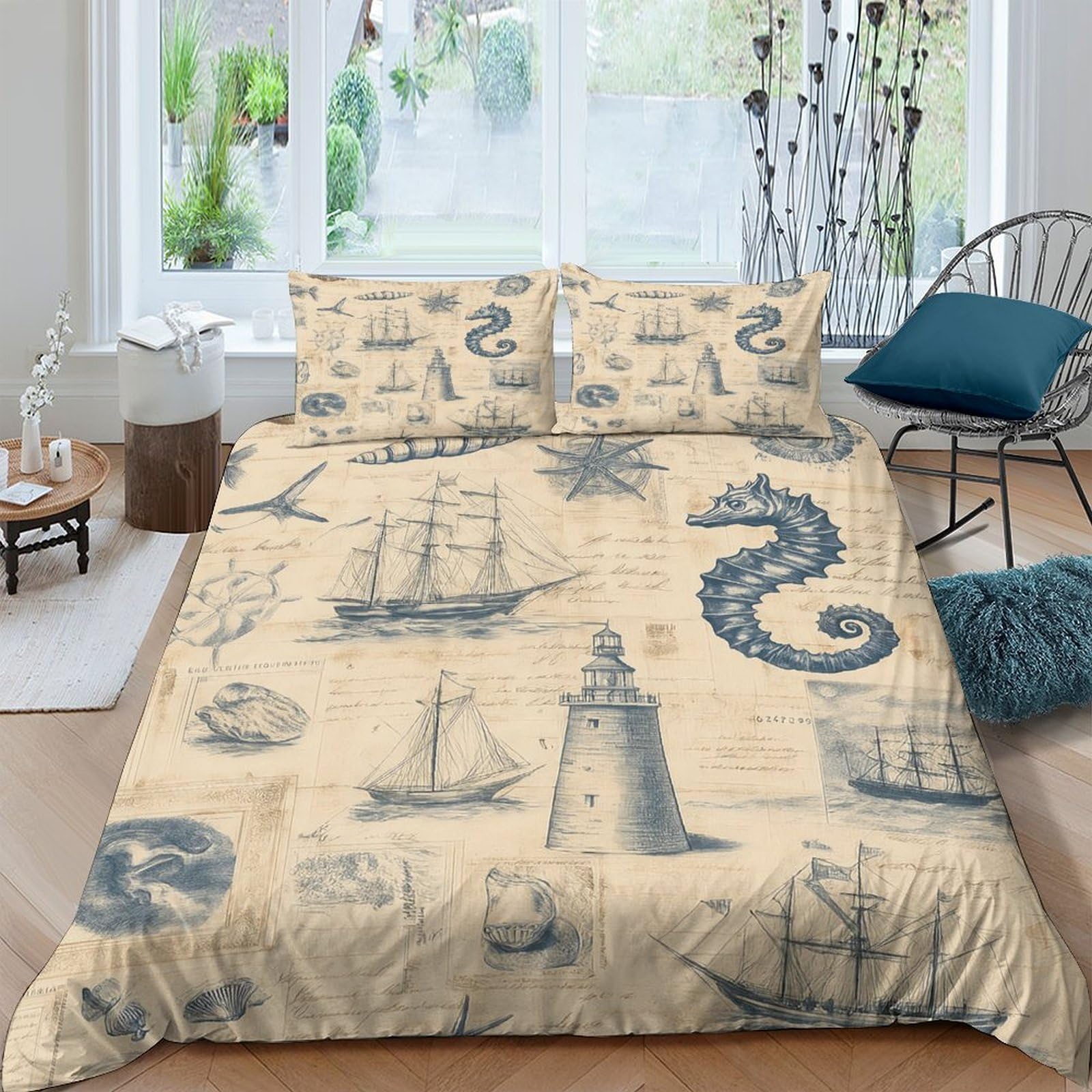 Ctjqhvkz Style-4 3D Printed Nautical Lighthouse Fitted Sheet Microfiber Soft Breathable Ocean Sea Mattress Cover For Bedroom Decor Single（135X200cm）