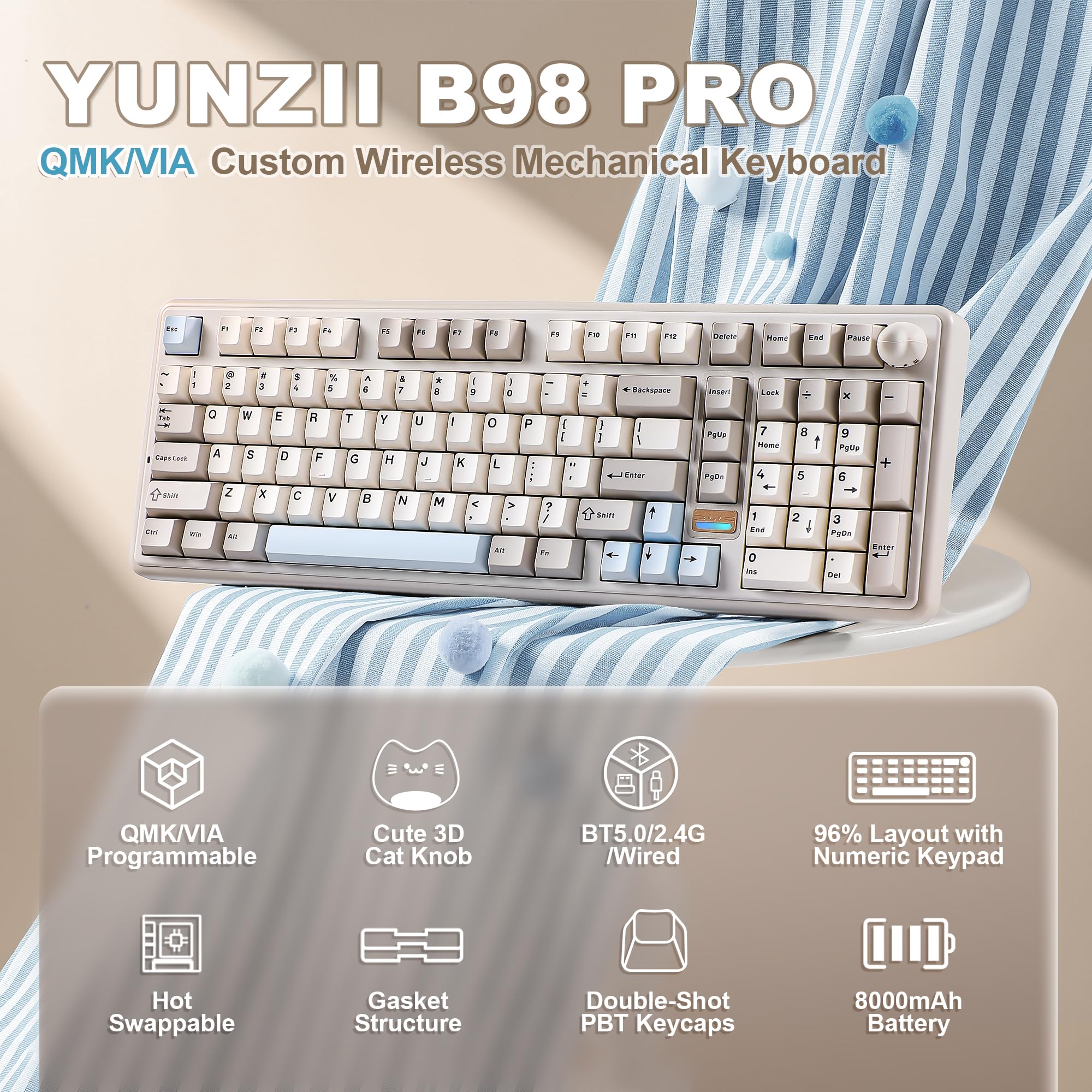 YUNZII B98 PRO QMK/VIA Wireless Mechanical Gaming Keyboard, 96% Layout with Numpad and Cute Cat Knob, BT/2.4G/USB-C, Pre-Lubed Switch Hot Swap Gasket, RGB for Win/Mac (Beige, Milk V2 Linear Switch) - 3