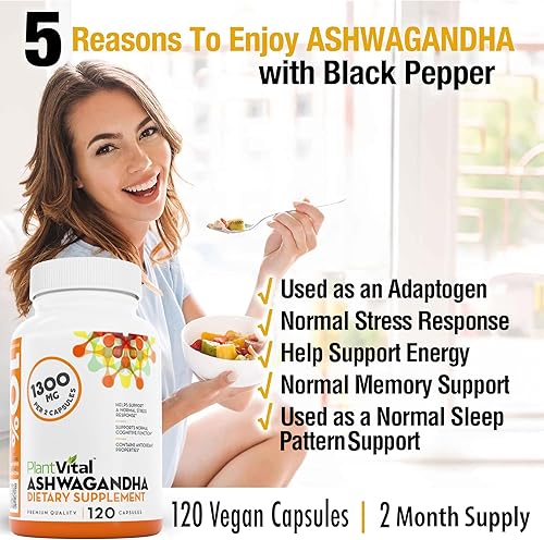 Vista 2 de Plantvital Cápsulas orgánicas de Ashwagandha con pimienta negra de 1300 mg – 120 cápsulas veganas para una respuesta normal al estrés, sueño normal