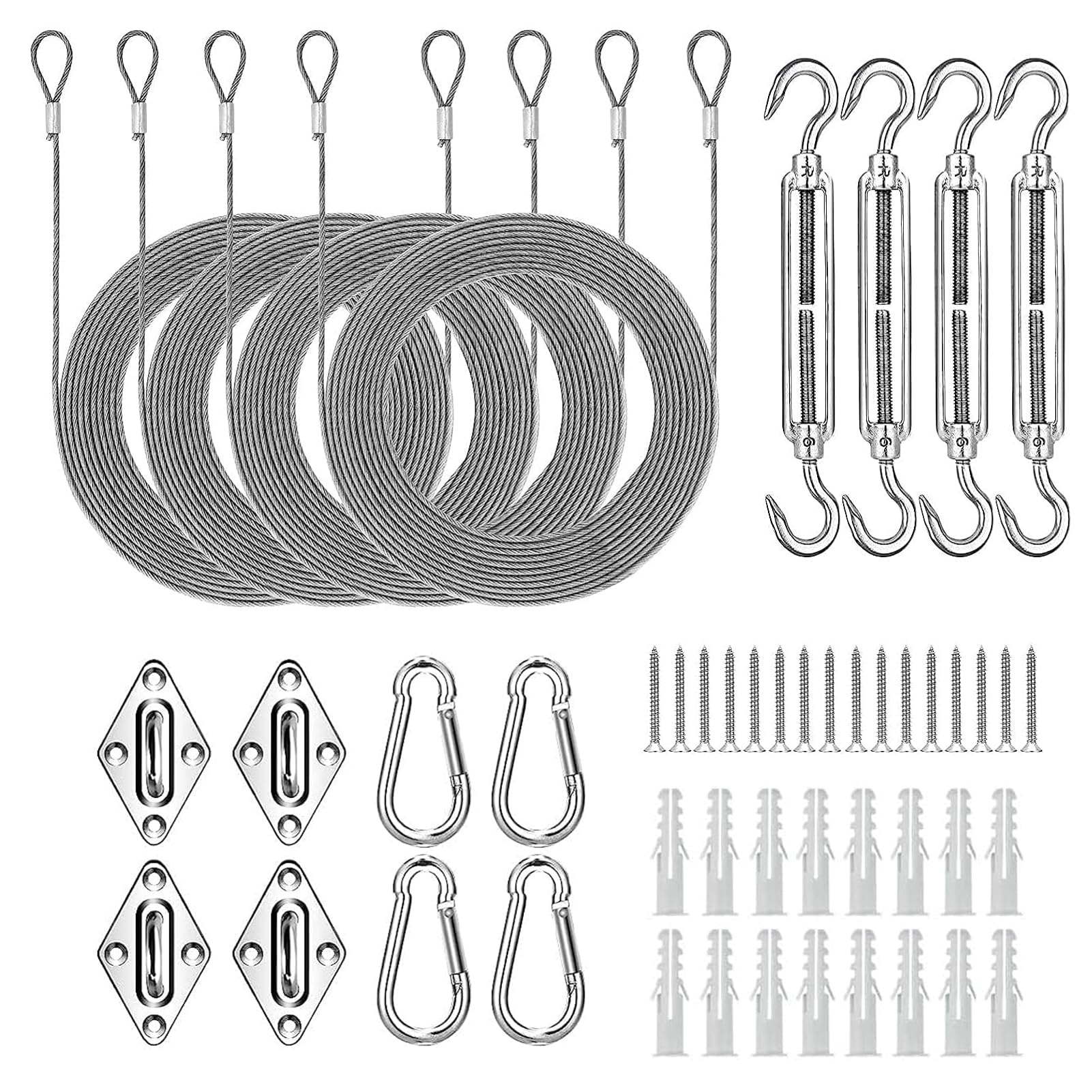 MostNow 50Pcs Sun Shade Sail Hardware Kit, with 304 Anti-Rust Stainless Steel Rope,Heavy Duty Anti-Rust Square/Rectangle Shade Sail Installation for Garden Lawn Patio