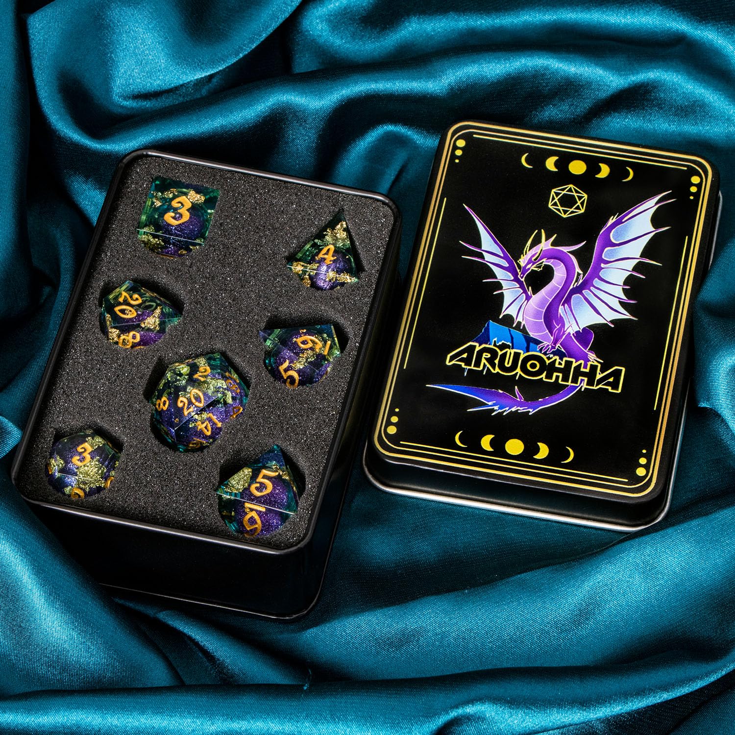 ARUOHHA Flüssiger Kern DND-Würfel-Set, 7-teilig, Kunstharz, scharfe Kanten, Drachenwürfel, RPG, Rollenspiele, polyedrische Dungeons, D- und D-Würfel mit Geschenkbox, D20, D12, D10, D8, D6, D4