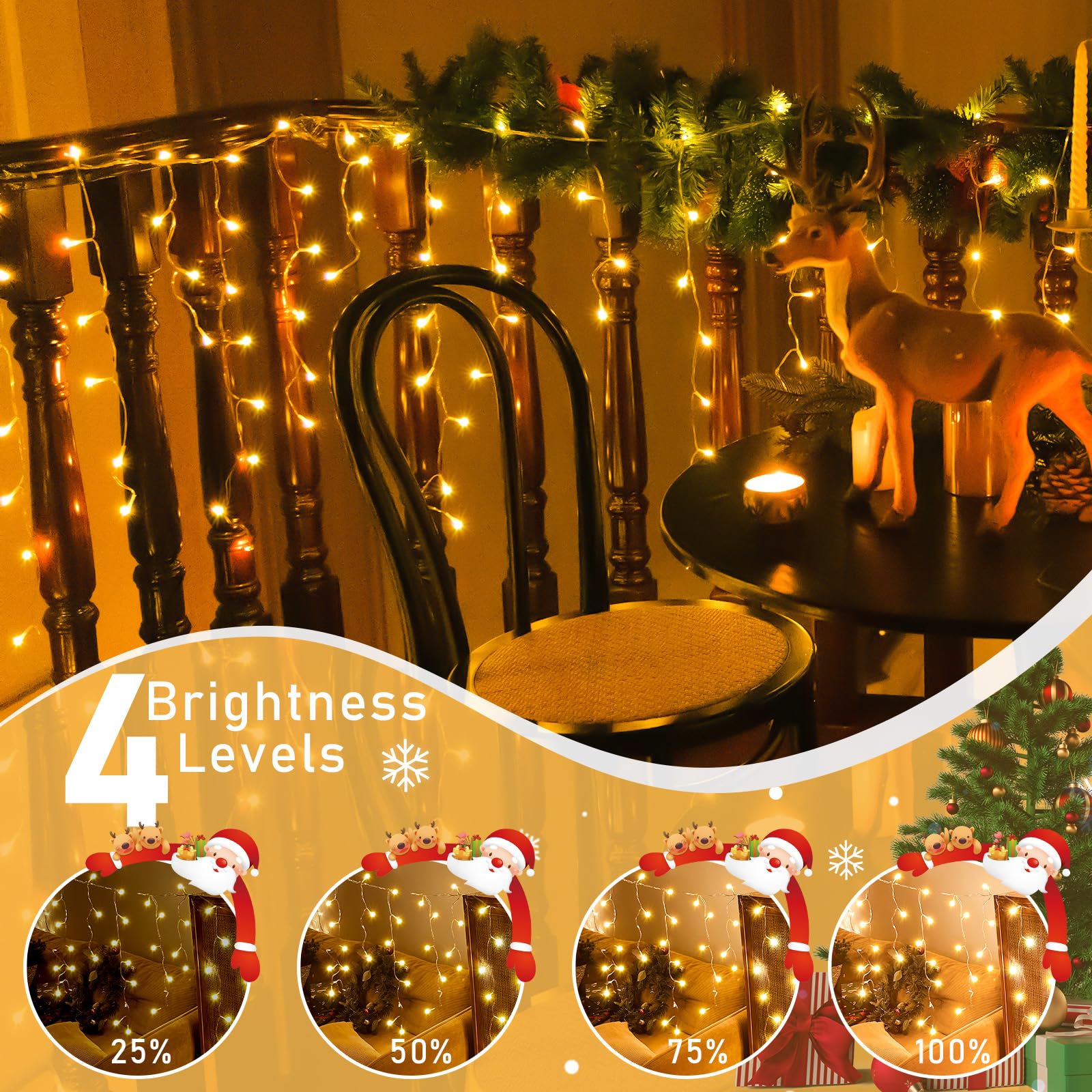 Auriostar Cortina Luces Navidad Exterior, 15M 594LED Cadena Luces Exterior, 8 Modos Guirnalda Luces para Exterior, Interio, Decoración Navidad, Casa, Balcon, Habitación, Jardín, Blanco Cálido