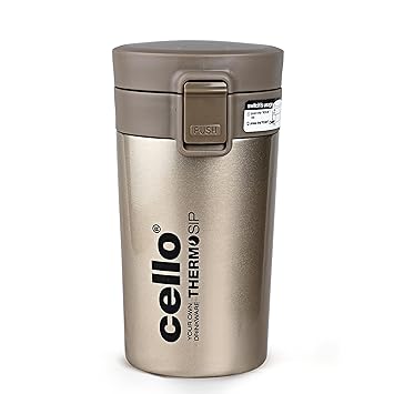 Cello Monty Vacuum Insulated | Travel Coffee Mug Hot and Cold with Lid | Double Walled Carry Flask for Travel, Home, Office, School | 300ml, Gold/Grey (Stainless Steel)