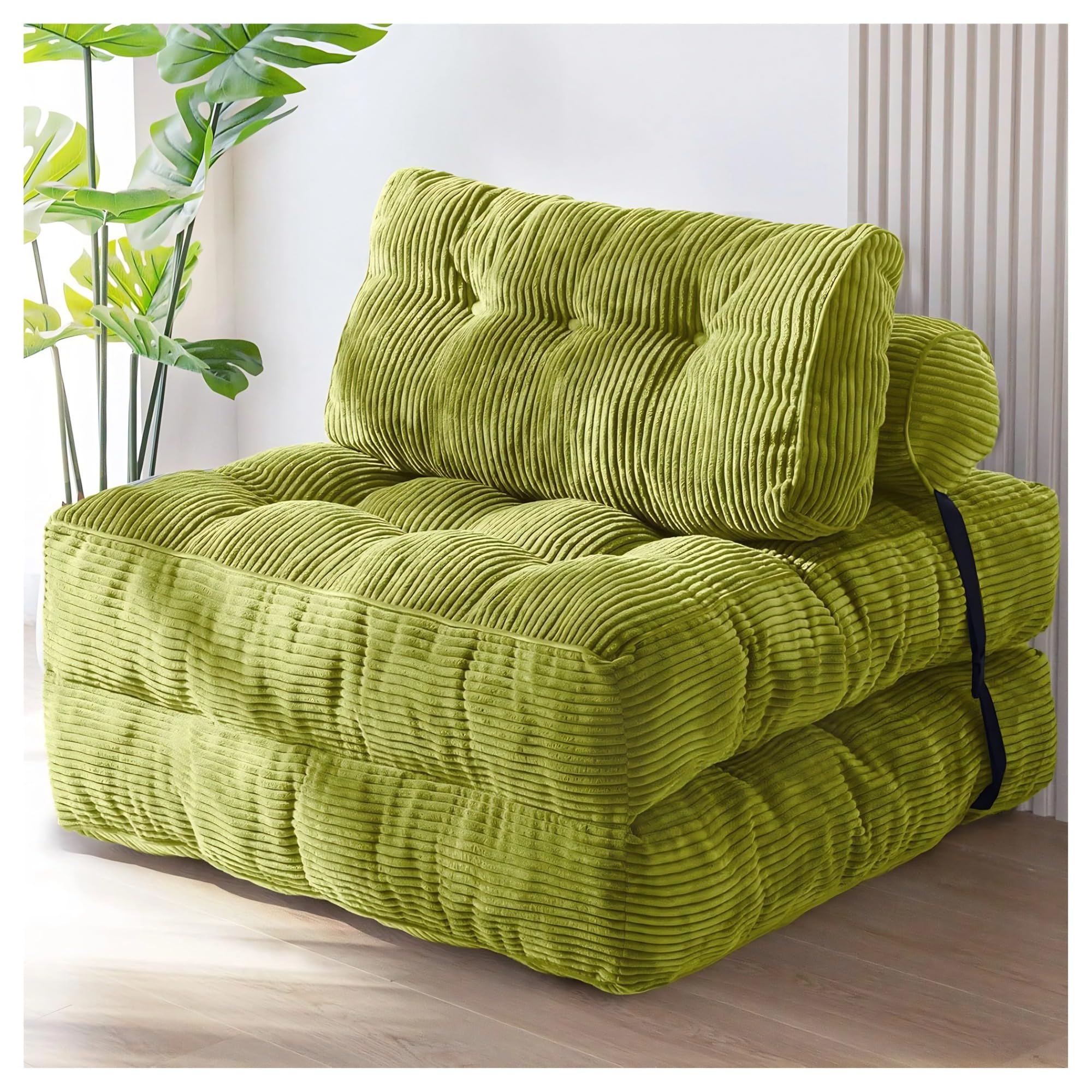 Składana Sofa, Sztruksowa Kanapa Podłogowa, Wspierająca Rozdrobniona Pianka, Bez Montażu, Oszczędzająca Miejsce, Regulowane Rozkładane Krzesło do Sypialni w Salonie(Color:Trawiasta zieleń)
