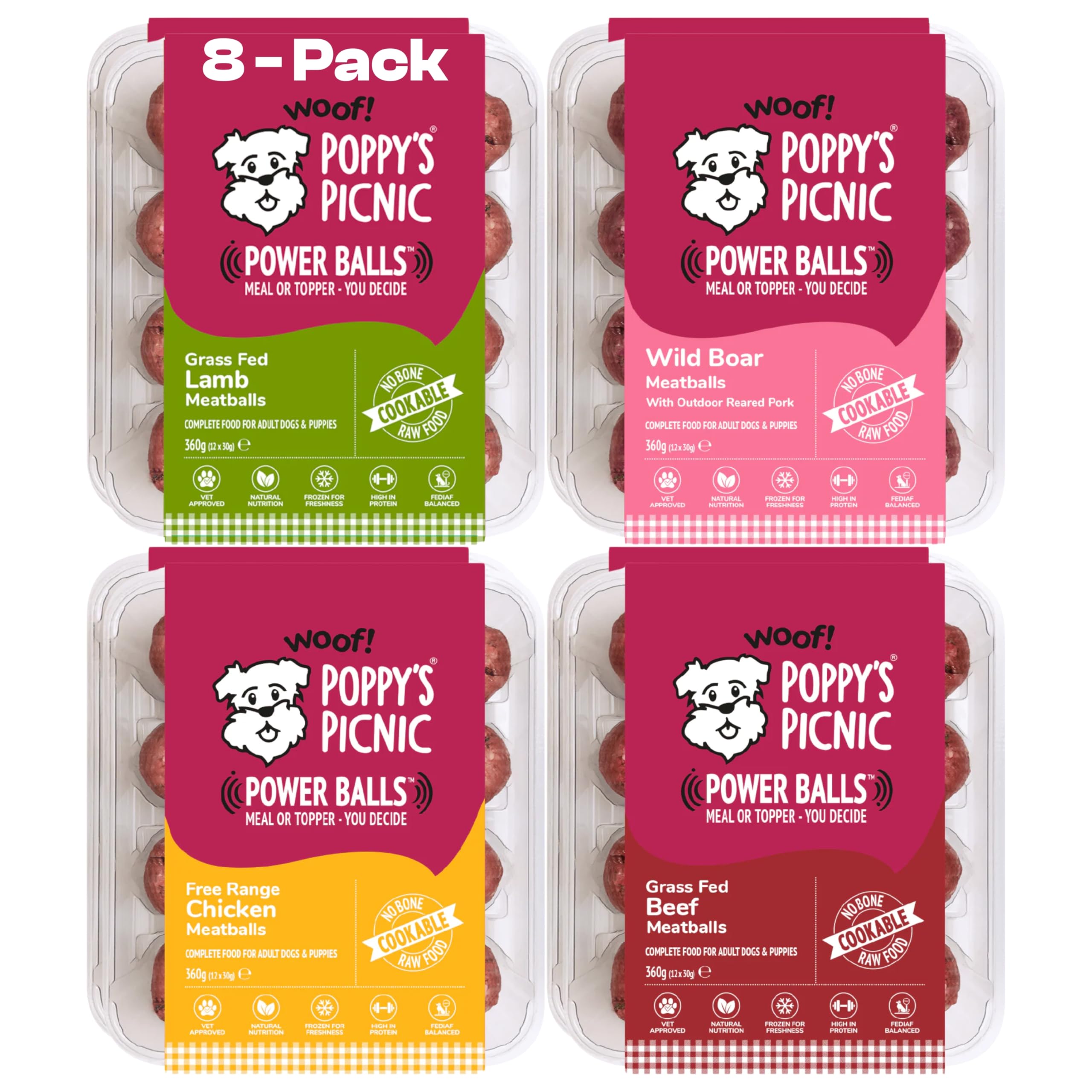 Poppy’s Picnic - POWER BALLS Variety Pack – 8 Pack Raw Frozen Dog Food – High Protein Fresh Food – Frozen Dog Food Raw – Beef, Chicken, Lamb & Wild Boar Power Balls – 8 x 360g