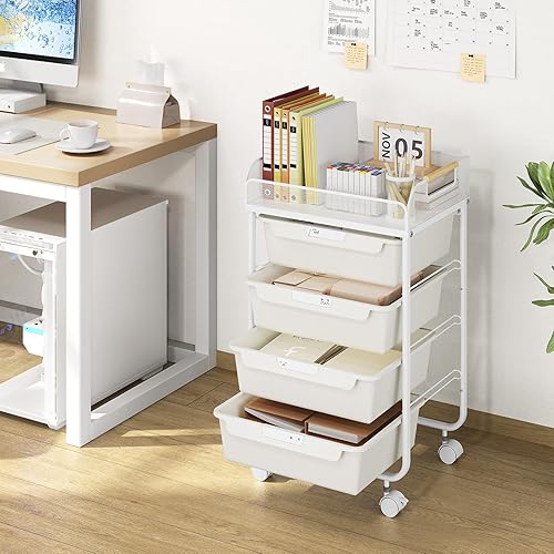 Miniatura 2 de Carrito de almacenamiento rodante con 4 cajones, carrito rodante de 4 niveles, carrito de manualidades, organizador de cajones de almacenamiento