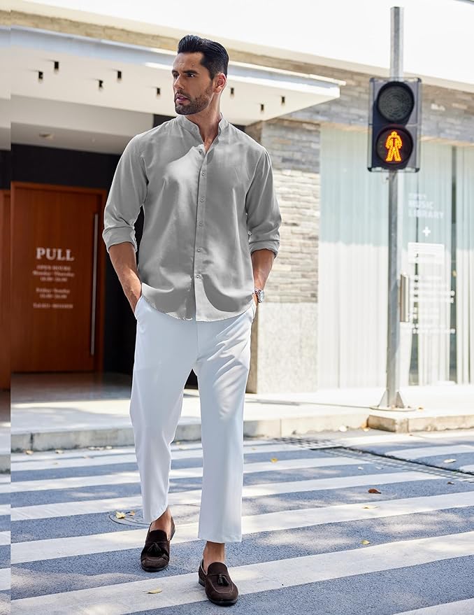 COOFANDY Men's Long Sleeve Oxford Dress Shirts Chambray Button Down Shirt Casual Band Collar Shirts