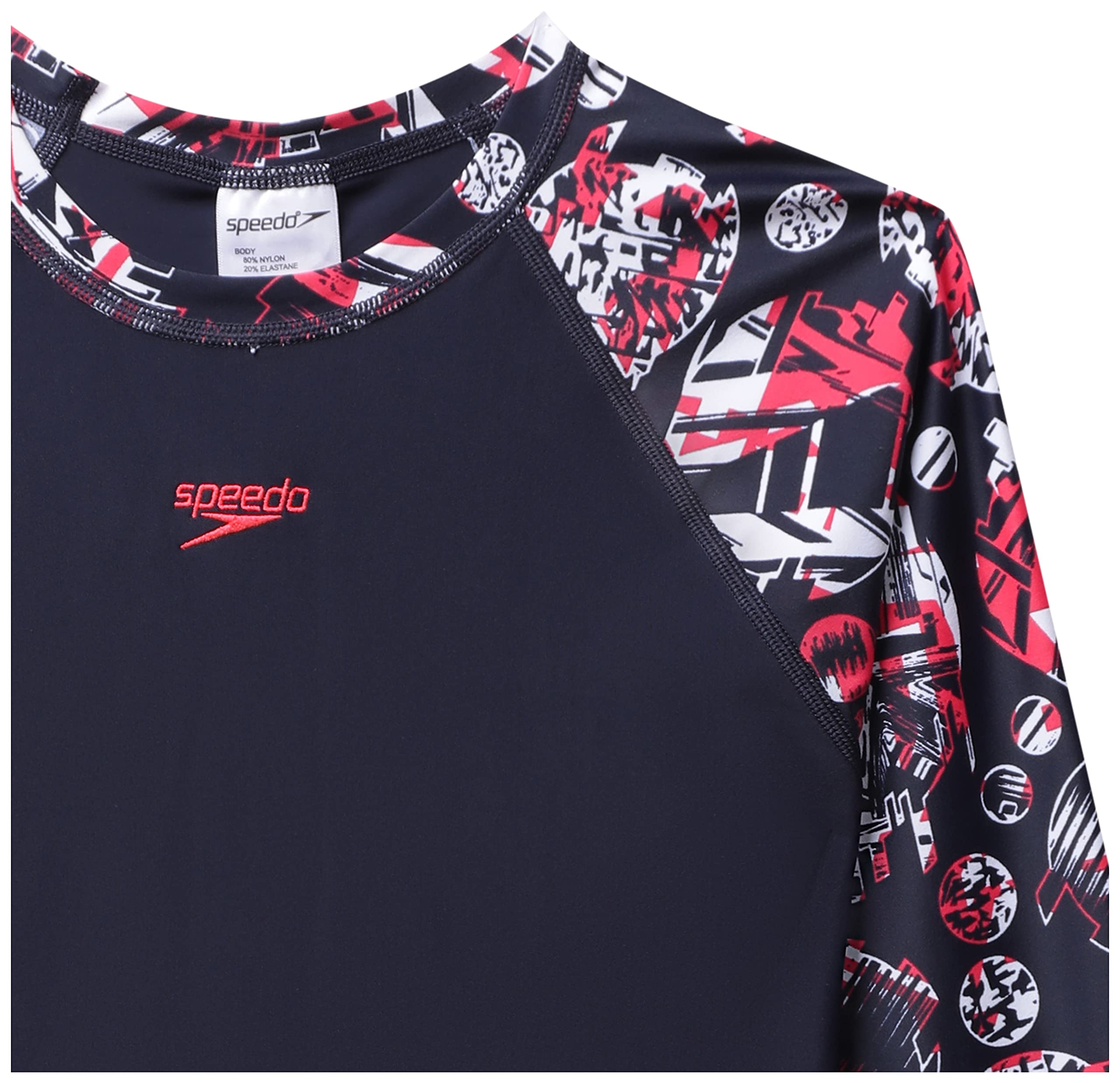 Speedo Boy's Endurance 10 High Chlorine Resistant UPF 40+ Sun Protection Glitchamp Long Sleeve Suntop - True Navy & Lava Red 1