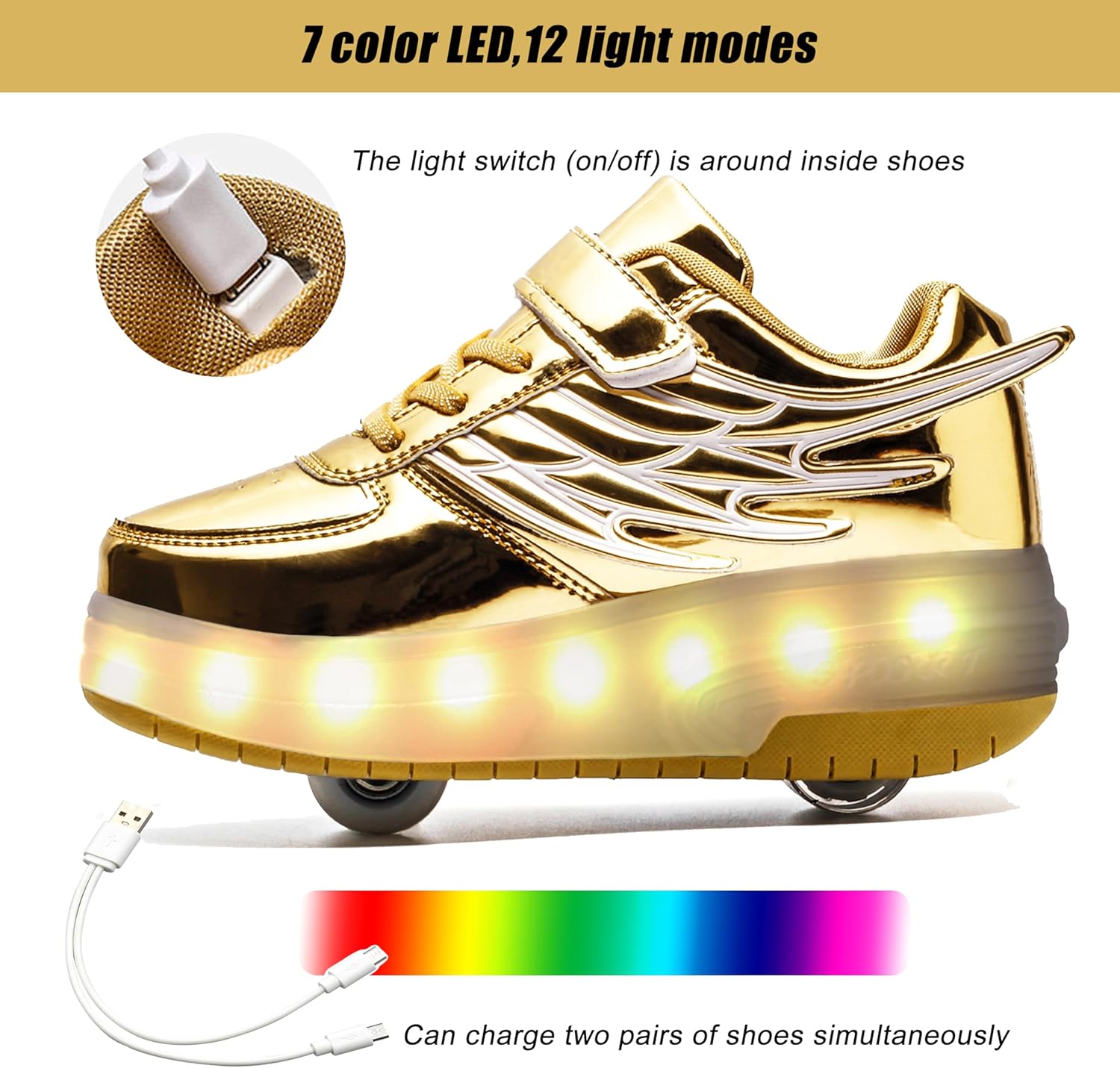 Aikuass USB Chargable LED Light Up Roller Shoes Wheeled Skate Sneaker Shoes for Boys Girls Kids
