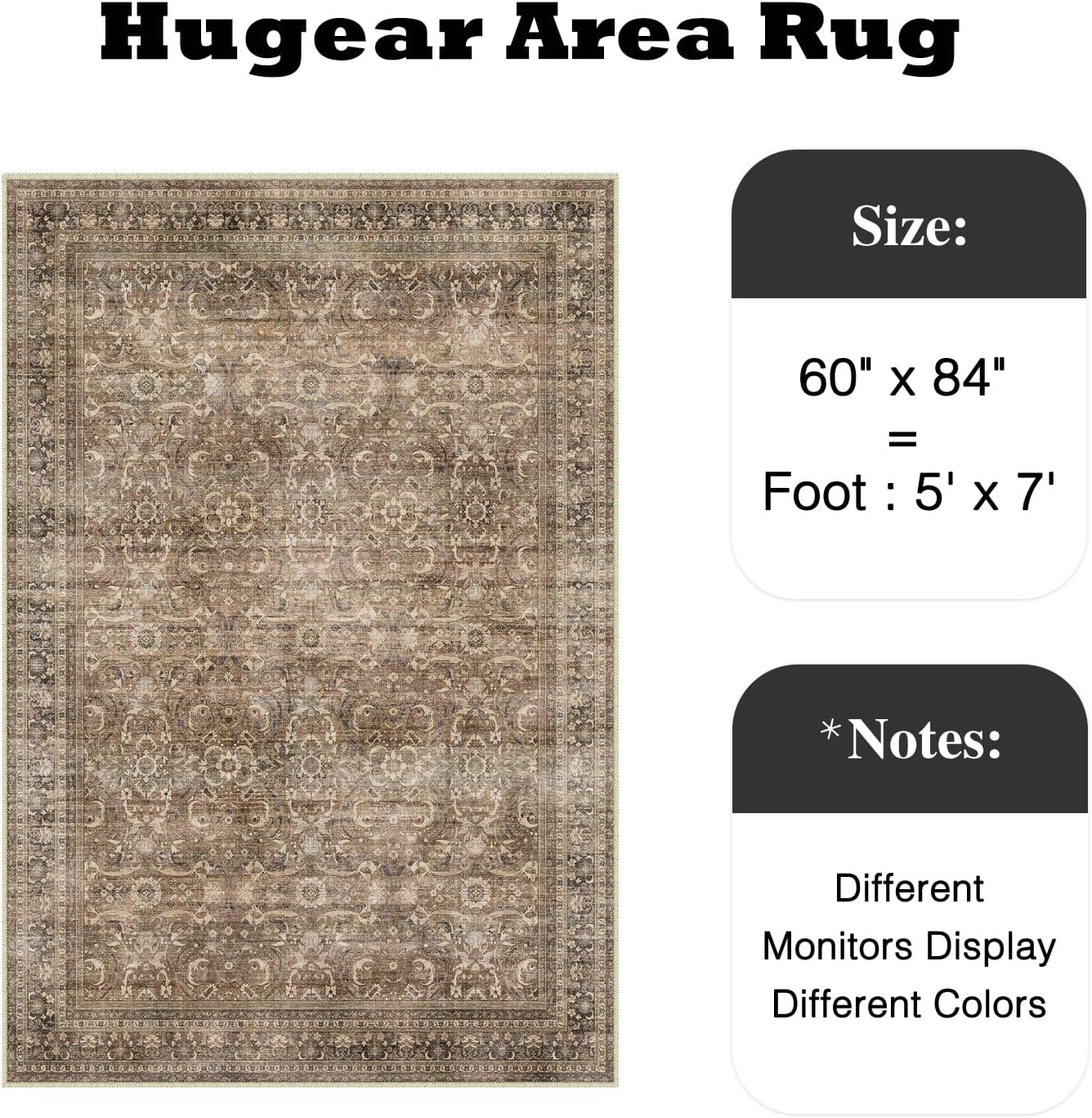 HUGEAR Area Rug 5x7 Vintage Brown Machine Washable Living Room Rugs Distressed Retro Floral Vacuumable Low Pile Carpet Bedroom Office Dining Room Laundry Room Non Slip Soft Lightweight