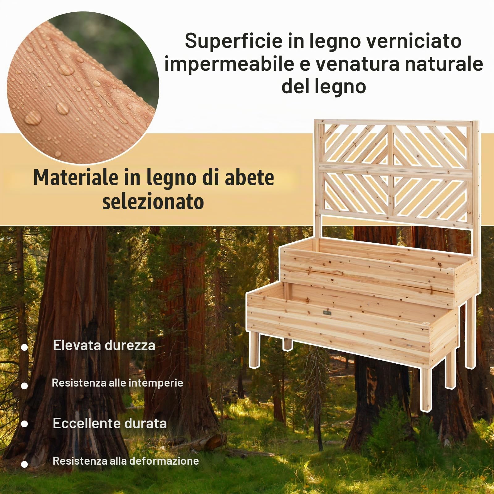 HOMASIS Fioriera con Grigliato in Legno per Esterno, Fioriera con Traliccio a 2 Ripiani, Orto Rialzato Verticale per Piante Rampicanti in Abete con Fori di Drenaggio, 109 x 62 x 135 cm (Naturale)