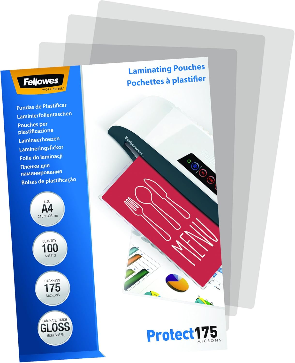 Fellowes A4 Laminating Pouches - Gloss Finish - 100 Sheets, 350 Micron (2 x 175 Micron) Finish - Ideal for Photos, Notices, Creatives, Certificates & Menus