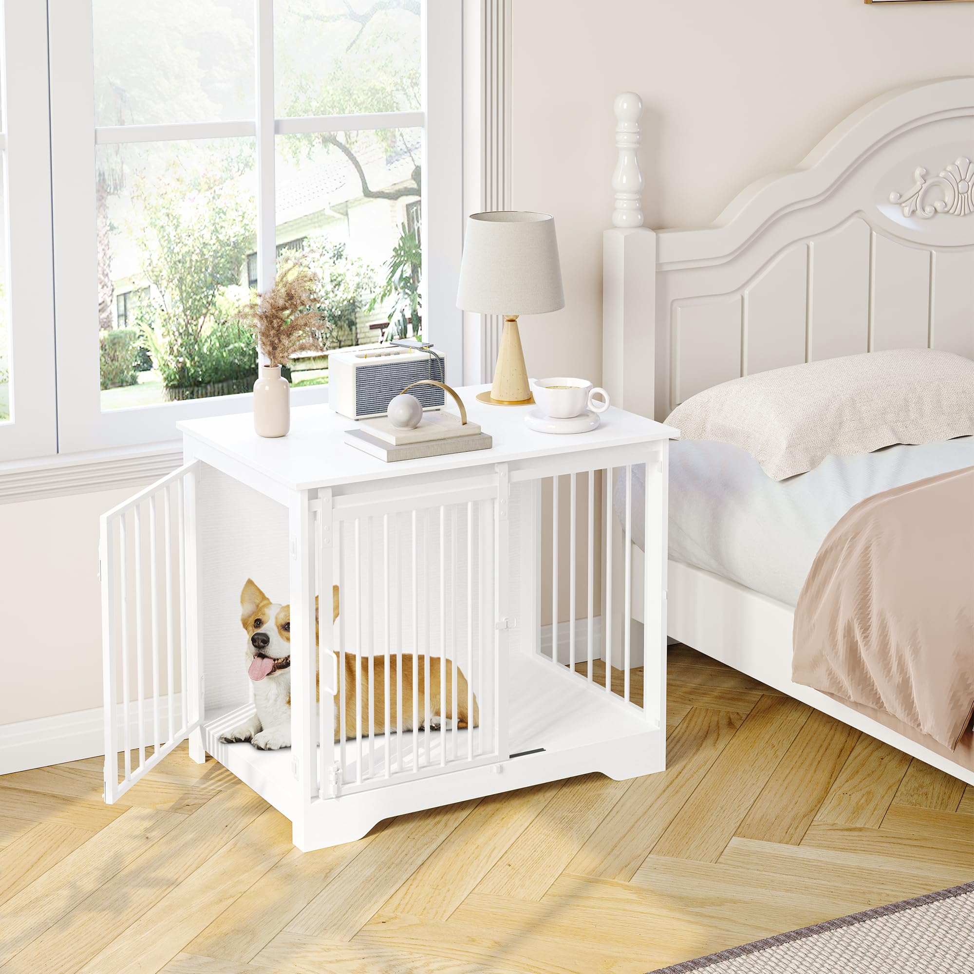 Hzuaneri 81cm Jaula para Perros, Mesa Auxiliar, casa Moderna para Perros, Jaula para Cachorros, dúplex para Animales, 2 Puertas, 55 x 81 x 67,5 cm, Blanco DFC83613W