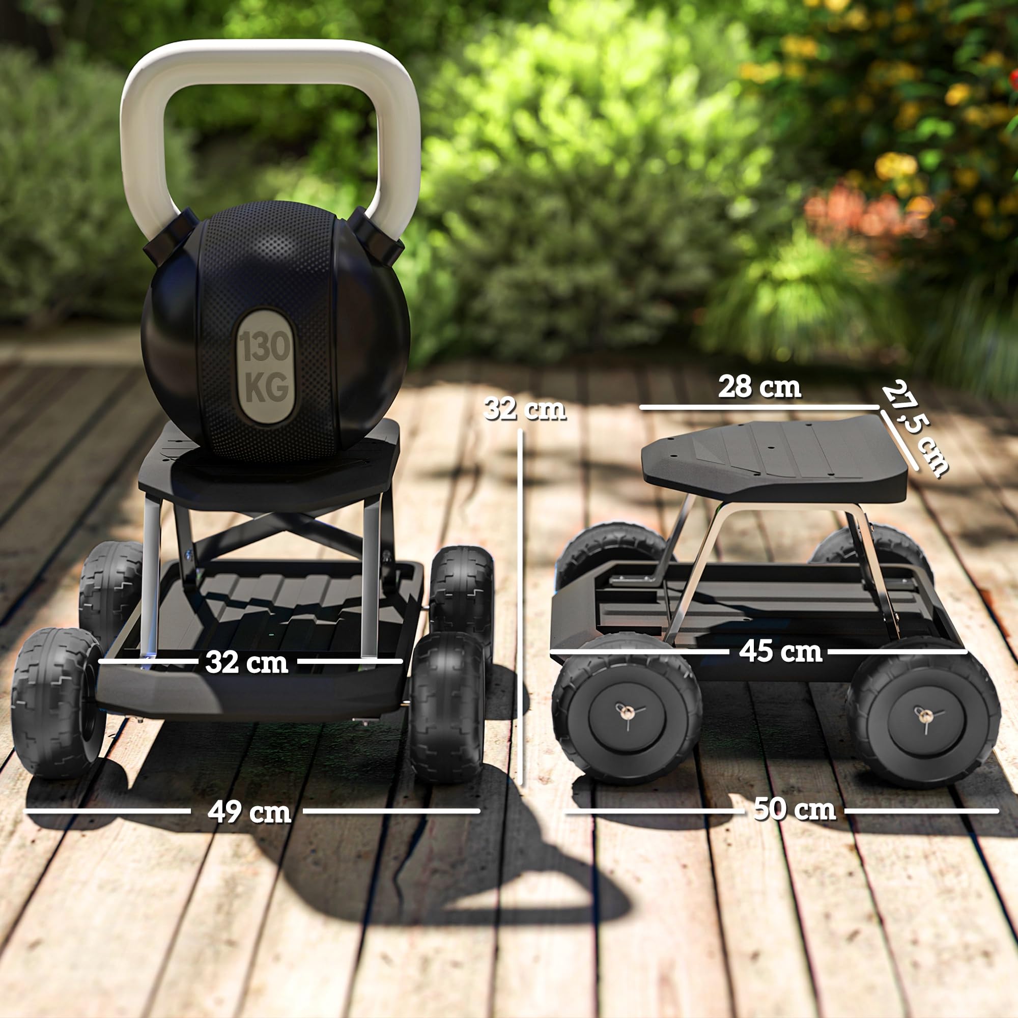 Outsunny Asiento de Jardín con Ruedas Taburete de Jardinería con Bandeja de Herramientas Carrito para Trabajo Carga 130 kg para Patio Exterior Negro