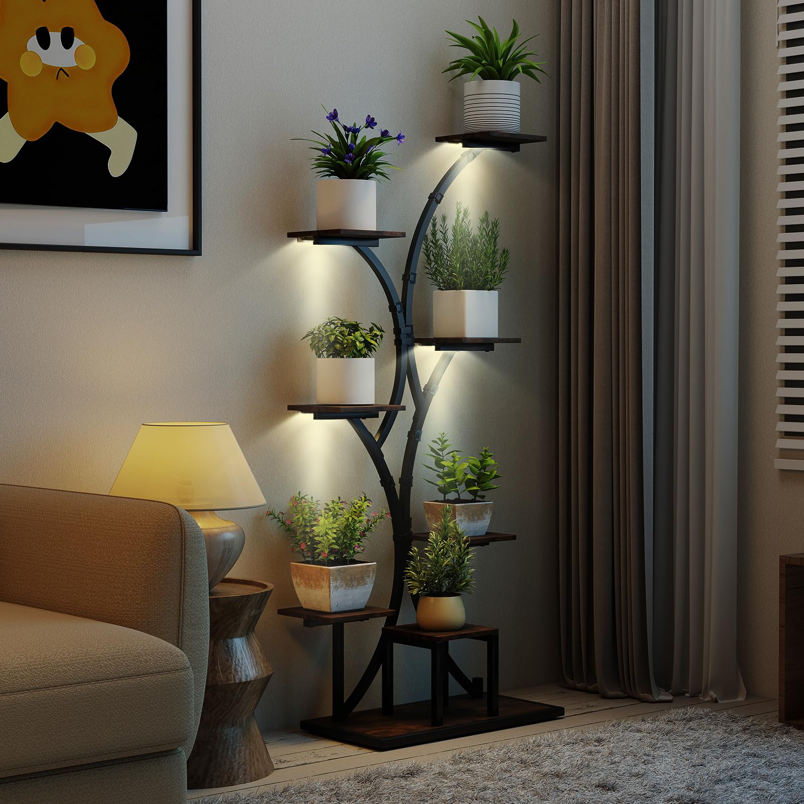 RELAX4LIFE Pflanzenständer mit Wachstumslichtern, 8-stöckiges Pflanzenregal aus Metal, Blumenständer Indoor Holz, Modernes Blumenregal für Wohnzimmer & Balkon, 67 x 30 x 146 cm