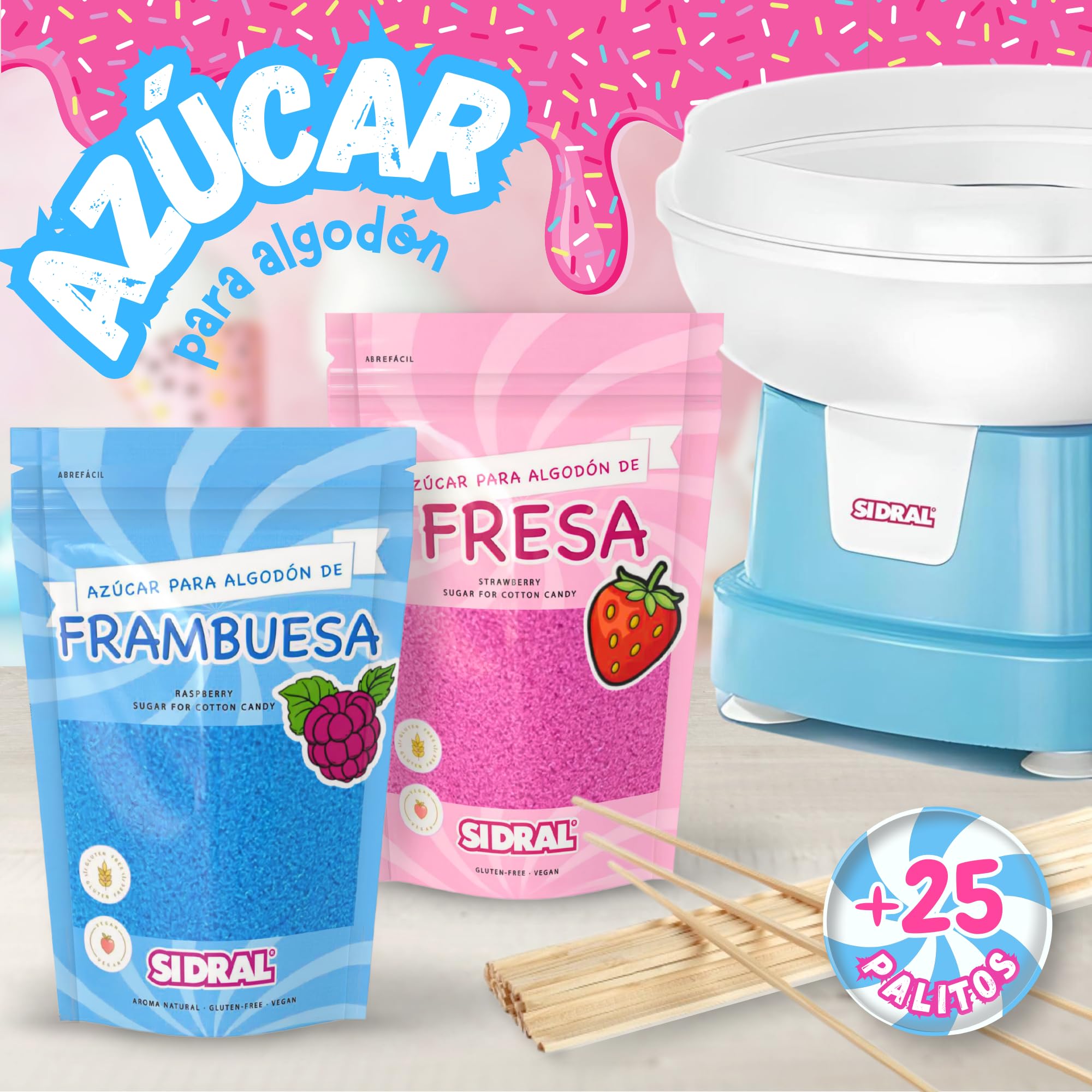 SIDRAL-Zucchero per Zucchero Filato (2x250 gr) - Set di 2 Gusti (Fragola / Lampone) - Aromi e Colori Naturali - 20 Bastoncini -