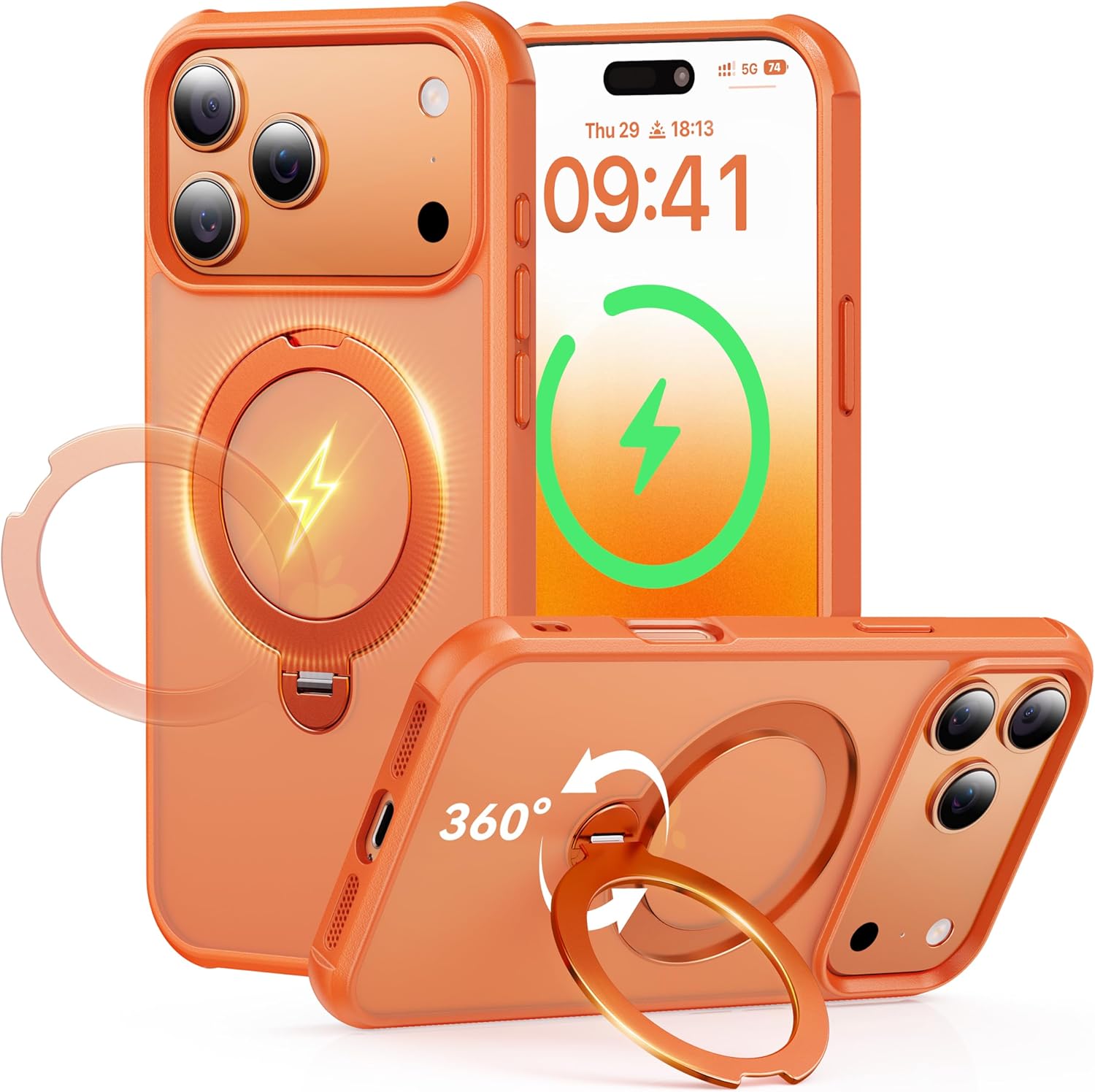 360 spin magnetic stand (pro-version) for iphone 17 pro max case (compatible with magsafe) [military drop protection] matte translucent shockproof protective phone case 6.9'', cosmic orange for 17 pro max case 6.9'' cosmic orange