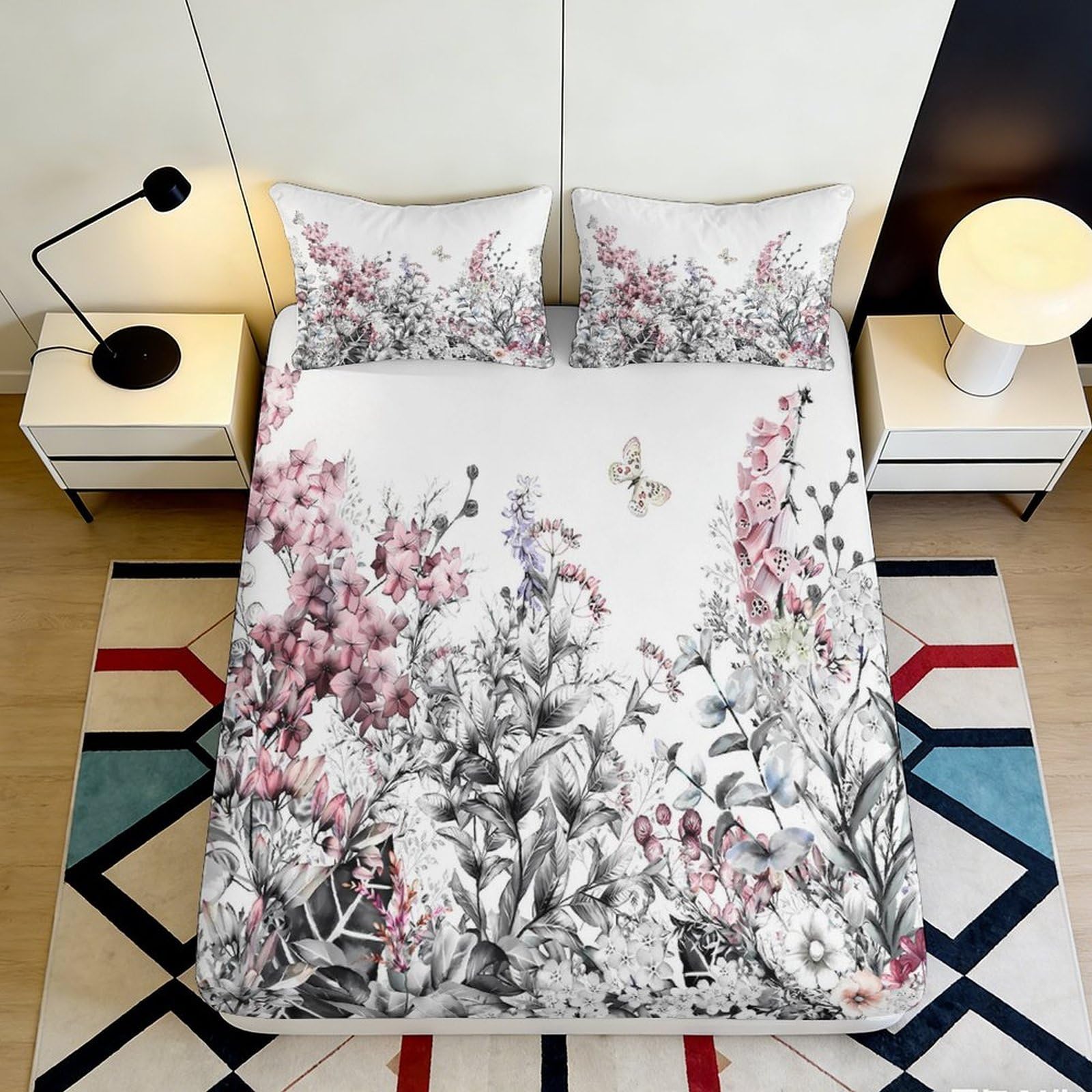 Dhbaneiok Style-8 3D Printed Floral Butterfly Fitted Sheet Microfiber Soft Pink Botanical Mattress Cover Bedroom Decor Protection 90X200x25cm