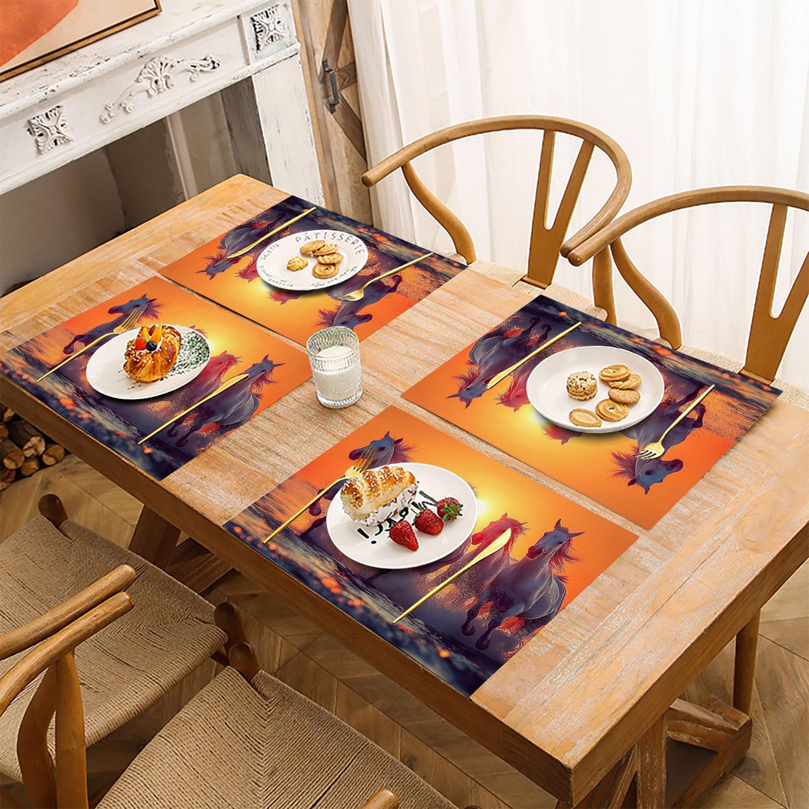 Set di 8 Colazione Stoffa 30x45cm, Tramonto Spiaggia Cotone e lino Tovagliette Americane Lavabili, Tovagliette Cavallo per Primavera Vacanze Cucina Feste, Pasqua