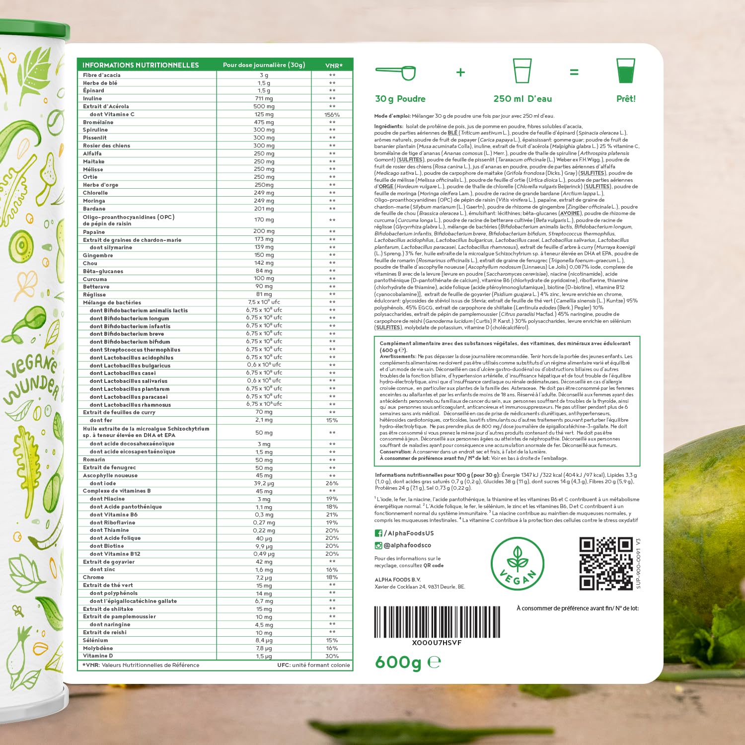 Greens Complex en Poudre 600g | Énergie & Immunité Mélange De Verts Végétalienne | Vitamines B1-B12, Moringa, Spiruline, Chlorella, Matcha | Green Superfood Smoothie Powder | Alpha Foods