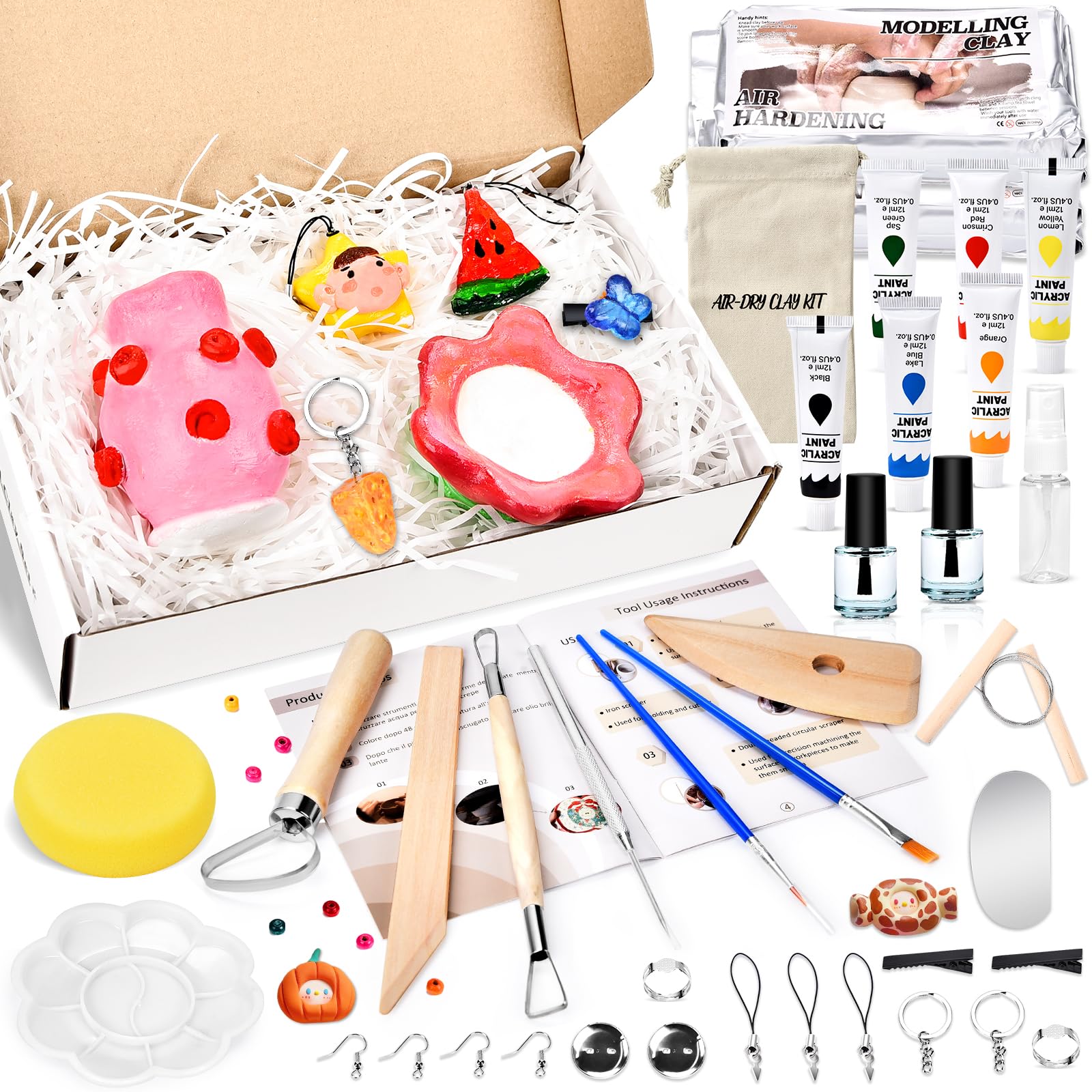 Herenear Kit Arcilla Secado al Aire Blanca, Kit de Cerámica para Principiantes, Ceramica Secado al Aire, Pinturas y Accesorios, Regalos para Amantes de la Artesanía (Kit de Cerámica)
