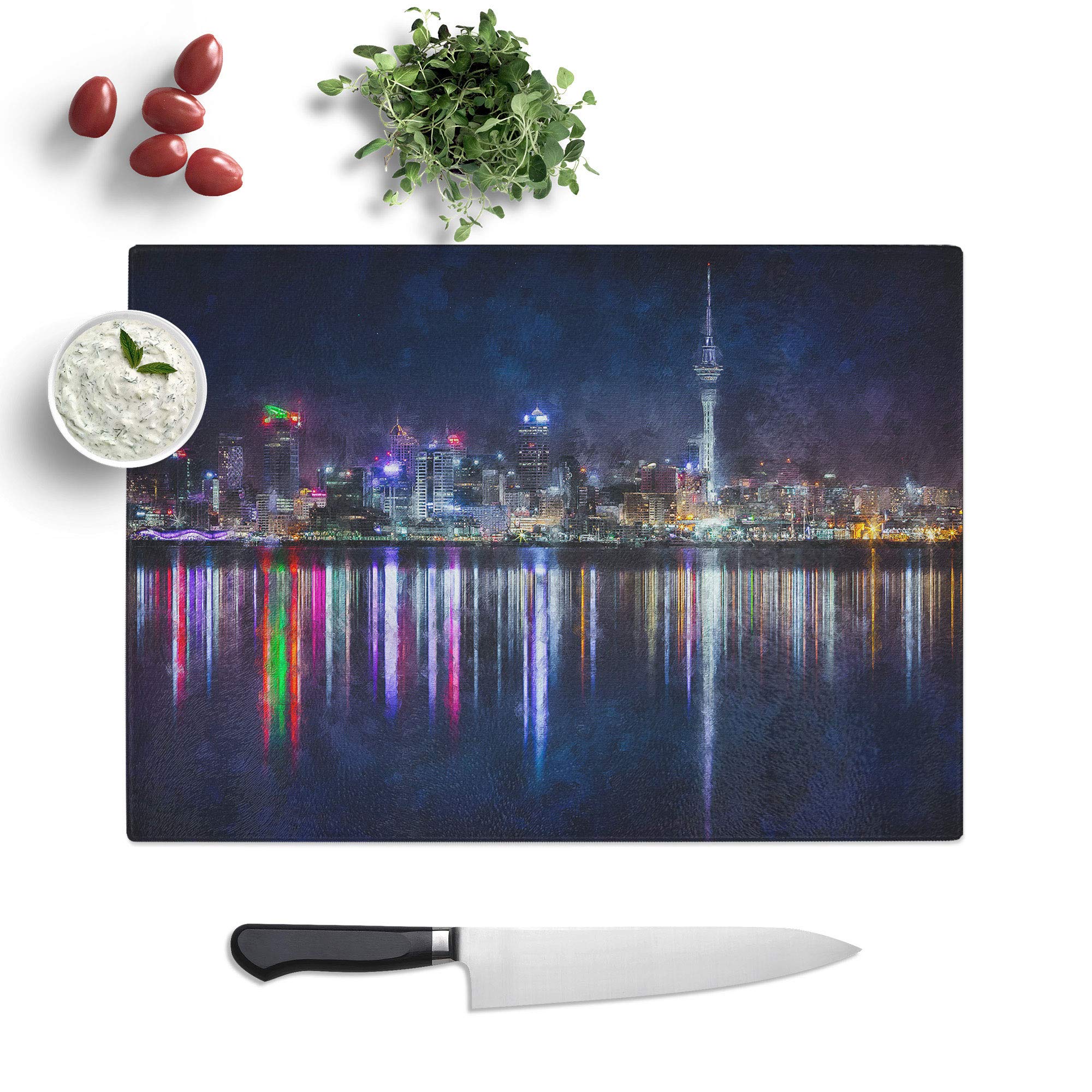 Glass Chopping Board - Reflections of The Auckland Skyline Painting - Textured Worktop Saver Cutting Board - Heat Resistant, Shatterproof and Hygenic - 28.5 x 20 cm