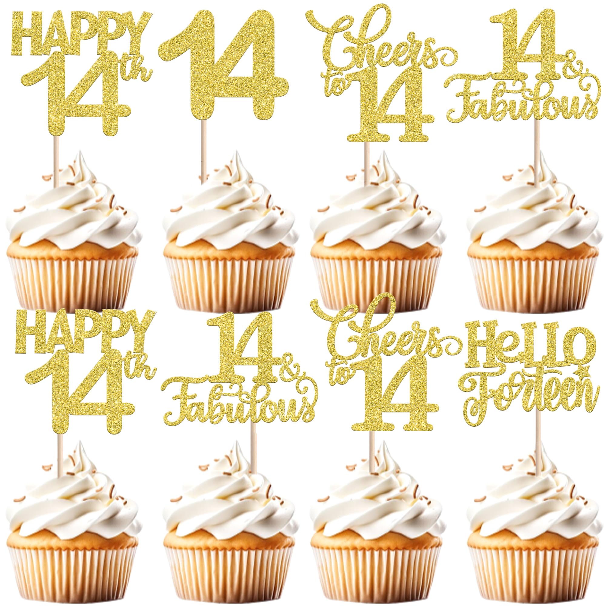 SYKYCTCY 30 Pack 14th Birthday Cupcake Toppers Glitter 14 Fabulous Cheers to 14 Cupcake Picks Happy 14th Birthday Cupcake Decorations for Fourteen Birthday Anniversary Party Supplies Gold