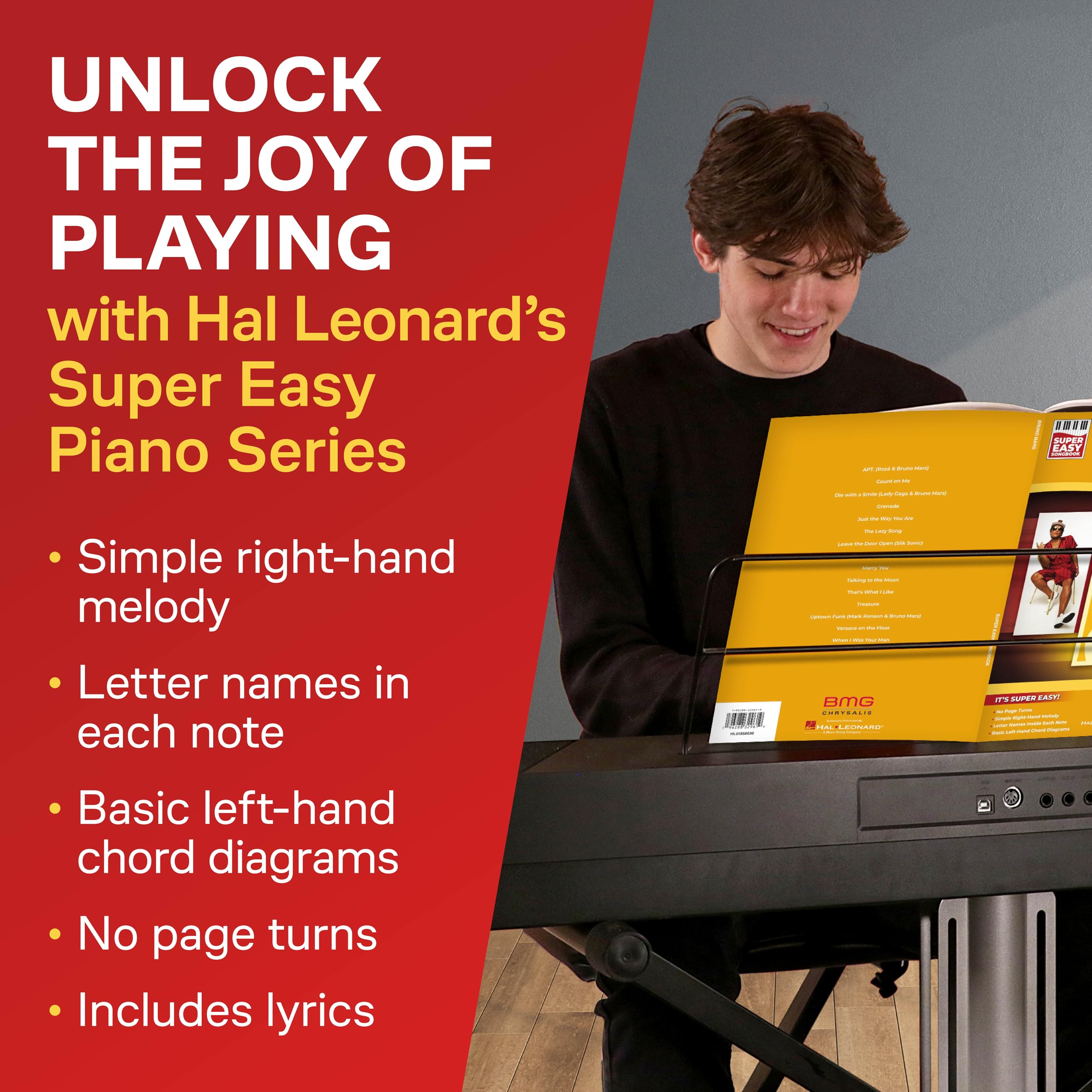 Bruno Mars - Super Easy Songbook per Pianoforte | 15 Successi di Bruno Mars in Arrangiamenti Facili per Principianti | Note con Nomi delle Lettere e Diagrammi di Accordi | Raccolta per Piano Solo