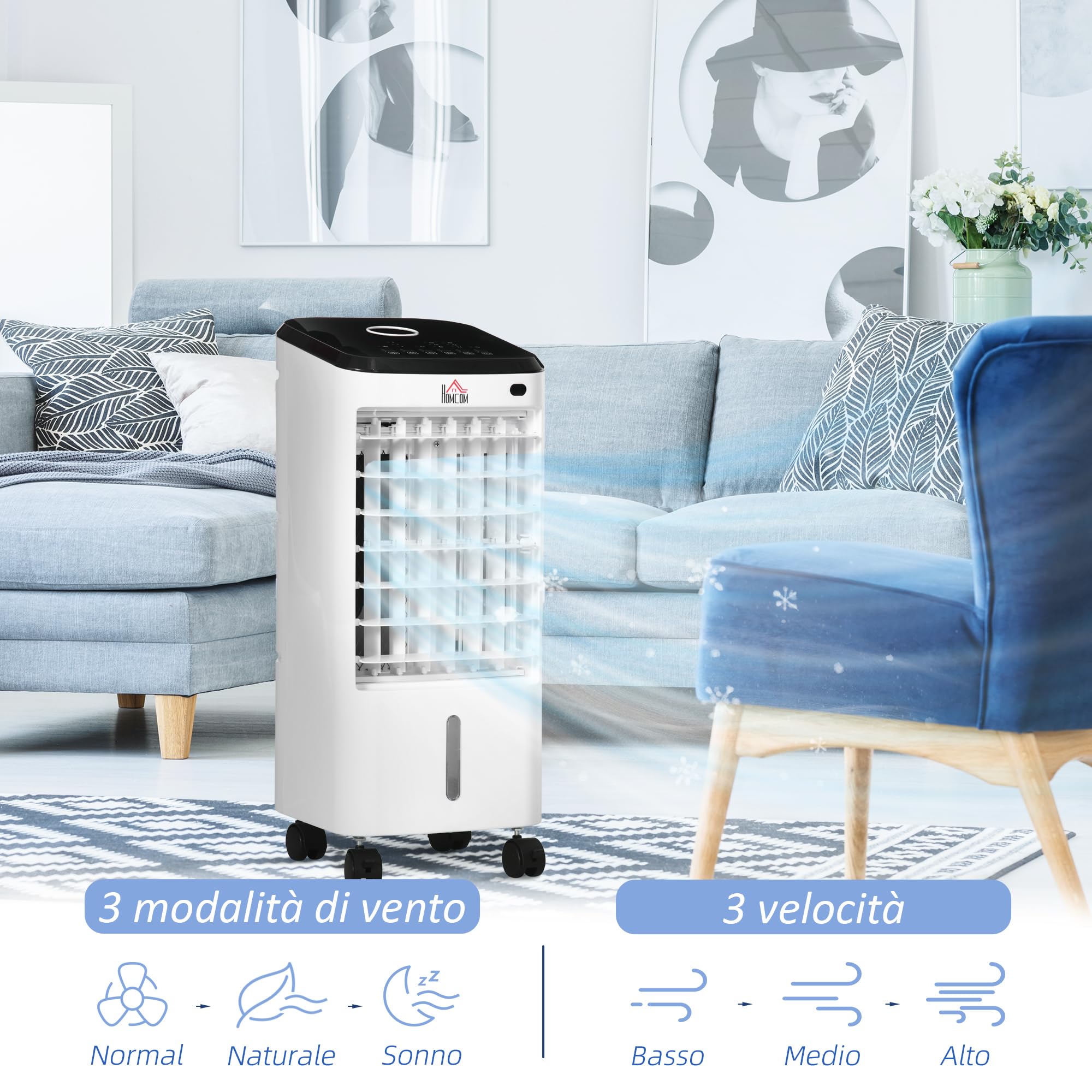 HOMCOM Condizionatore Portatile 3 in 1, Ventilatore, Umidificatore con Ghiaccio e Deumidificatore, 3 Velocità, 3 Modalità e Telecomando, Timer 12 Ore, 65W in ABS, 24.5x27x60 cm, Bianco