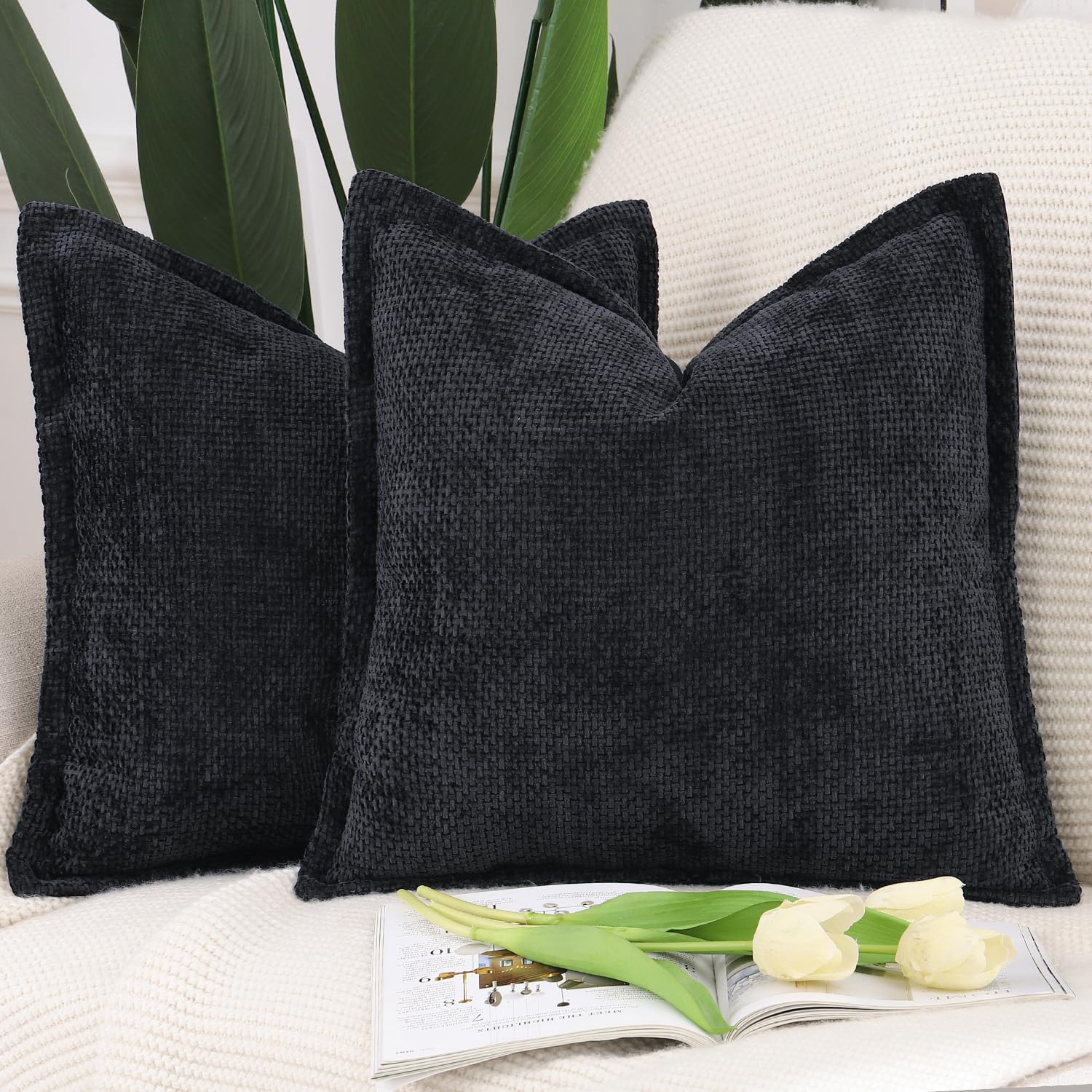 Madizz Set of 2 Chenille Velvet Cushion Covers with Flange Soft Boho Textured Throw Pillow Covers Broadside Pillowcases Modern Farmhouse Home Decor for Sofa Bedroom Black 16x16 inch