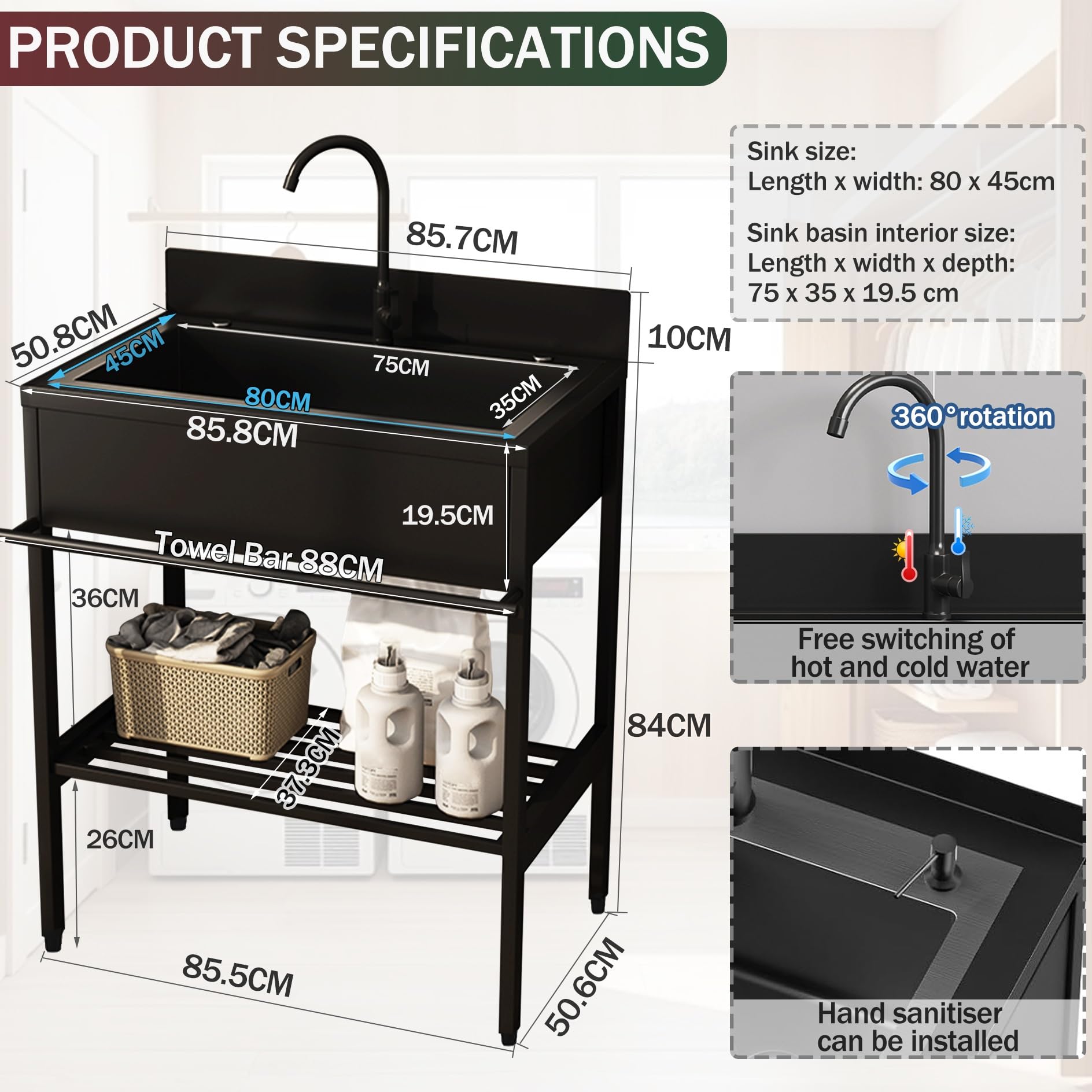 Lavandino da Esterno,Lavello Cucina con Mobile,Lavabo Autoportante in Acciaio Inox,con Rubinetto,per Interni Esterni Ristorante Lavanderia Campeggio Giardino(86x51x94cm)