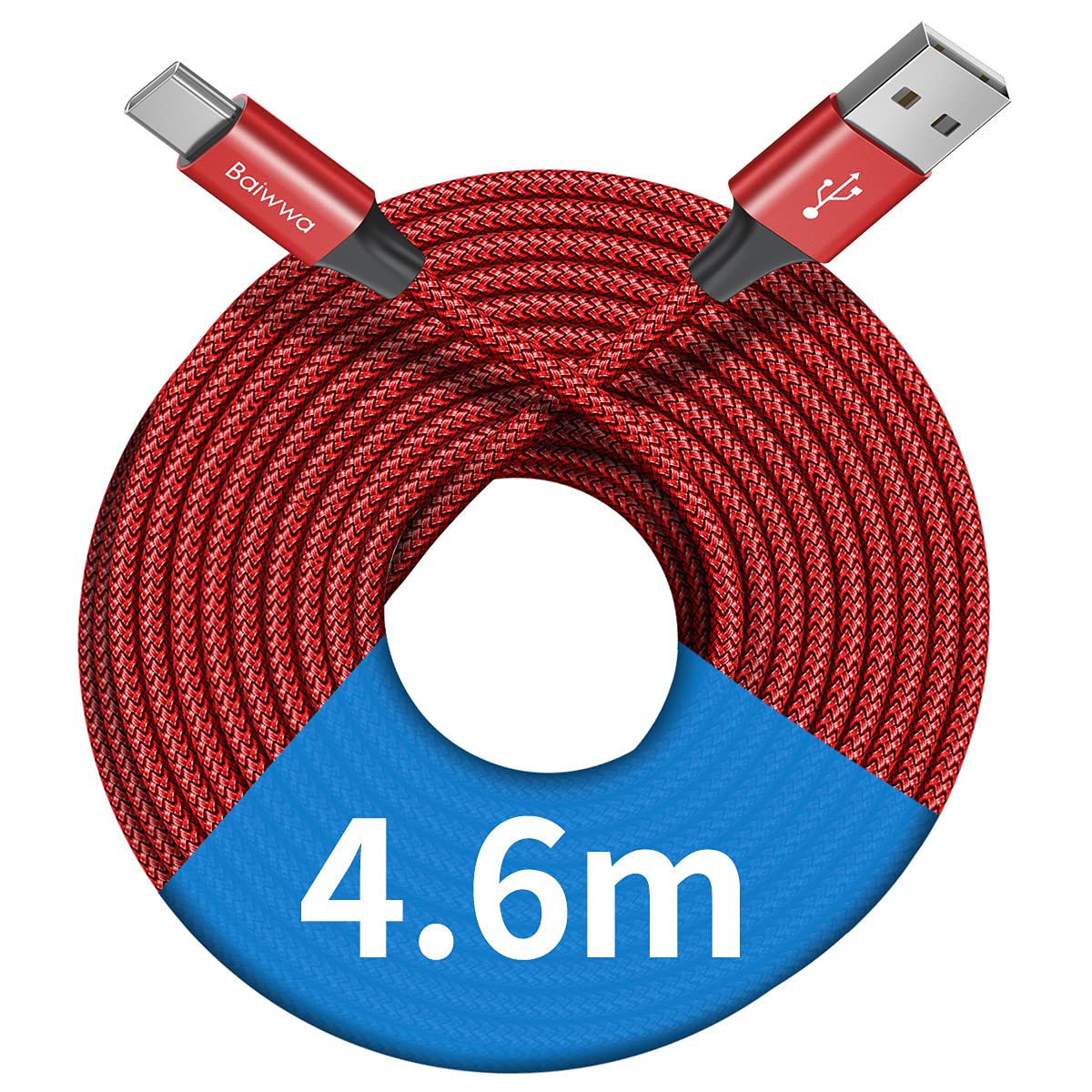 Baiwwa Cavo USB Type-C 4.6m, Extra Lungo USB C Cavetto Caricatore Ricarica Rapida Nylon Intrecciato Filo per Samsung Galaxy, Pixel, Redmi, e più USB Tipo C -Rosso