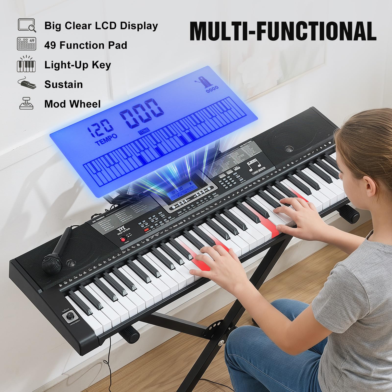 Mustar 61-Tasten-Keyboard-Klavier, elektronische berührungsempfindliche Tasten, tragbar, Kopfhörer, Mikrofon, Klavierständer und Hocker, Tasten in voller Größe, LCD-Bildschirm