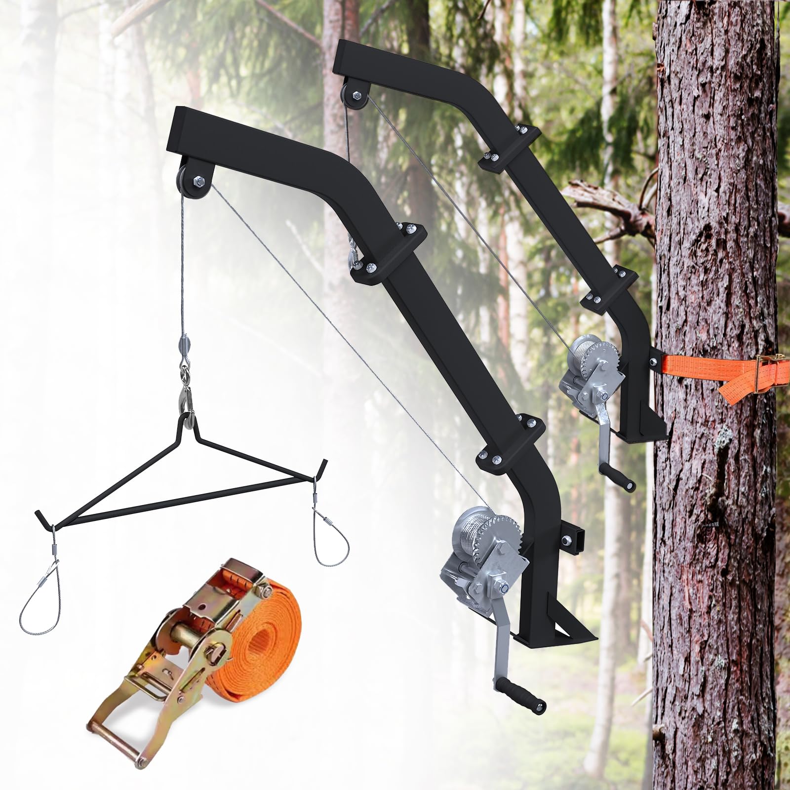 Tree Mounted Game Hoist with Gambrel, Winch and Ratchet Strap, 500LBS Capacity Hunting Deer Hoist, 19.7FT Steel Cable Heavy Duty Deer Hanger for Skinning or Cleaning Game