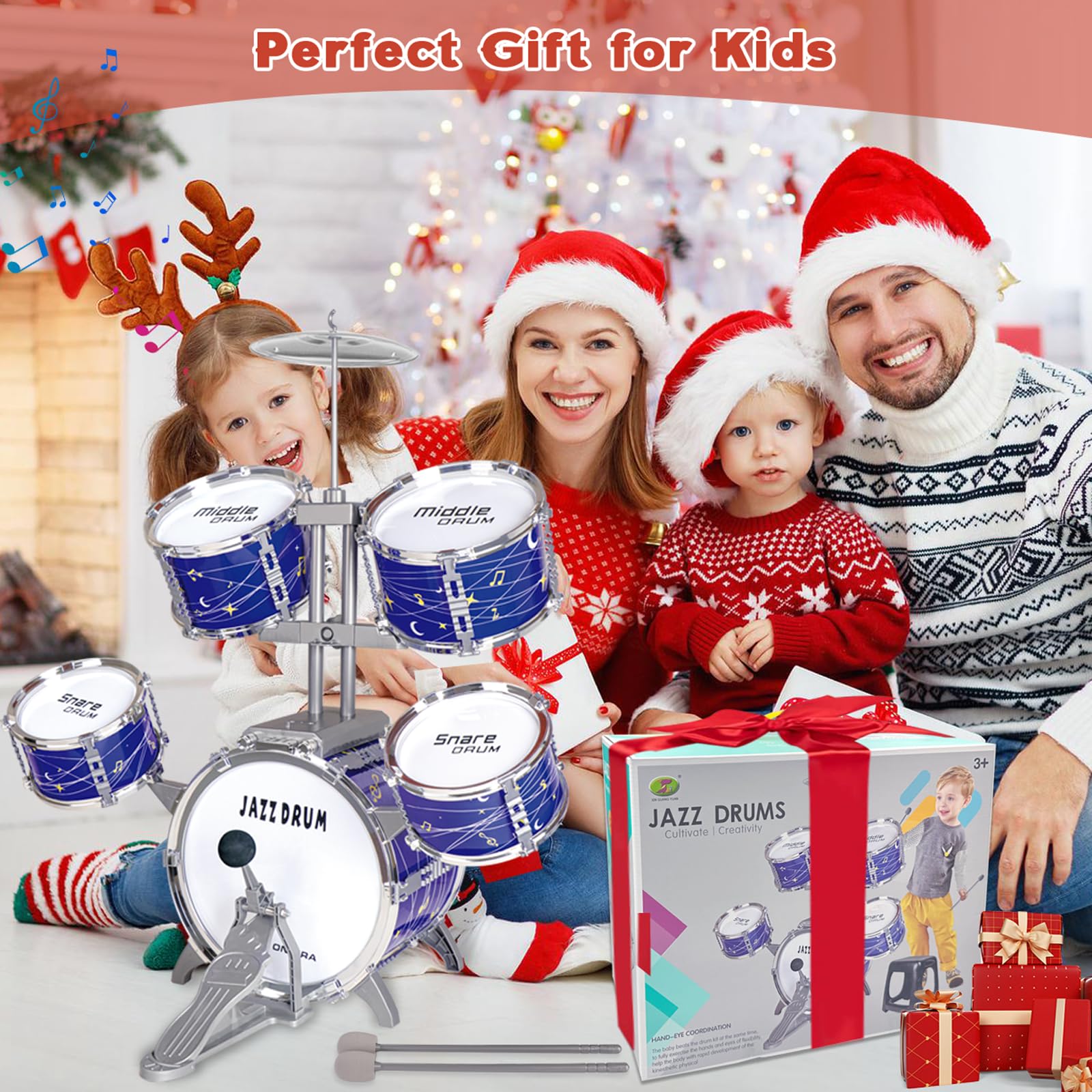 Batteria per Bambini Piccolo da 1 a 3 Anni, Upgrade Jazz Tamburi e Percussioni 3 a 5 Anni con Sgabello, Giocattolo Compleanno Educazione Precoce Regalo di Natale per 2 3 4 5 6 Anni Ragazze Ragazzi