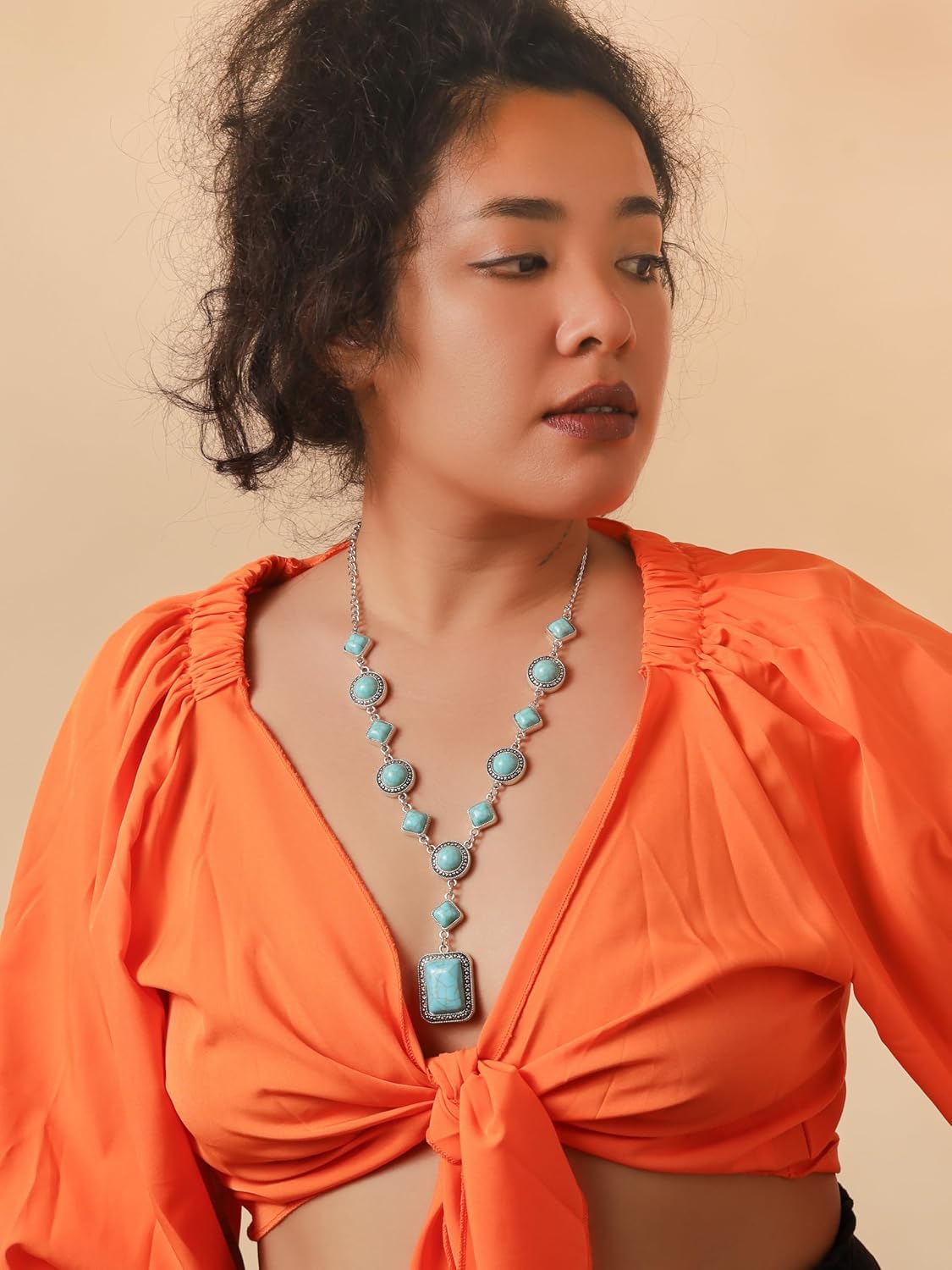 MINACHI Bohemian Created Turquoise Beaded Y-Necklace, Turquoise-toned Multi-shaped Pendant, Dainty Elegant Jewelry for Women image 2