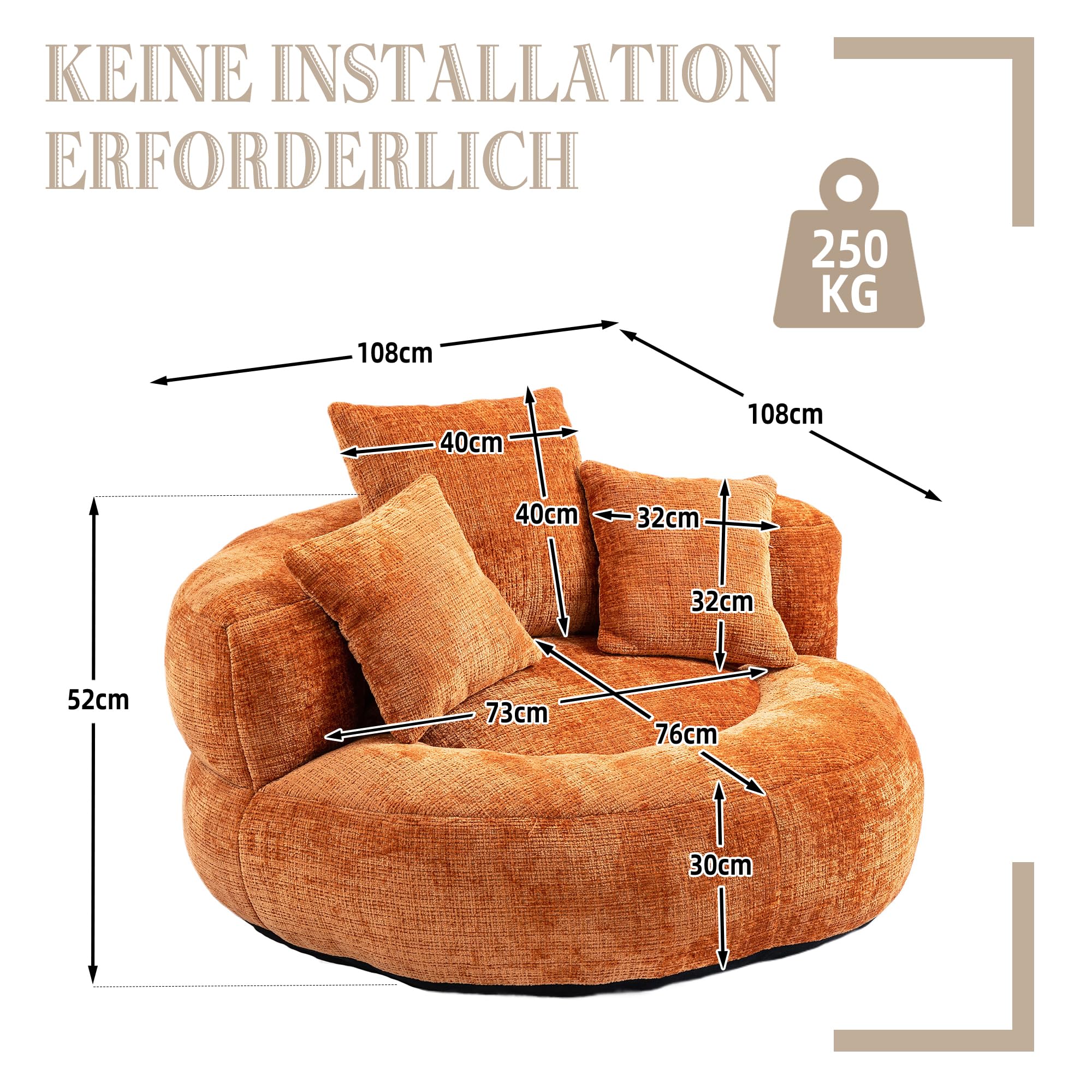 Lazy Sofá de chenilla con respaldo alto, puf con 3 cojines, sillón grande para adultos y niños, silla de juegos suave para salón, dormitorio y oficina, color naranja