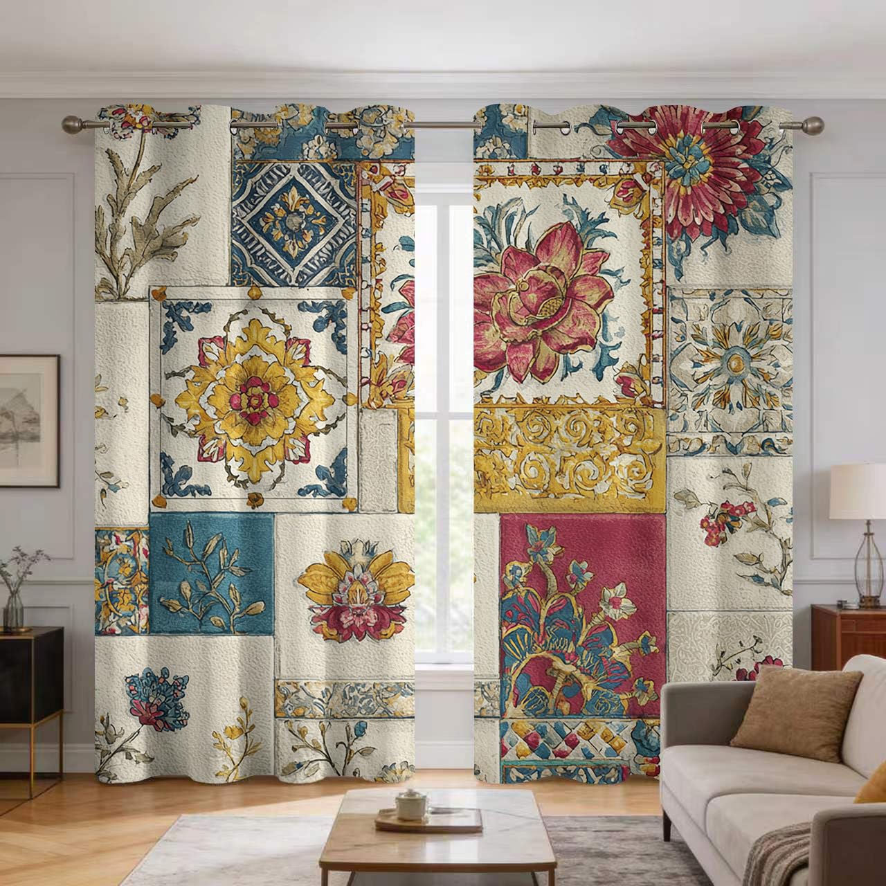 Rideaux occultants thermiques contre le froid et la lumière rideau patchwork vintage oeillets